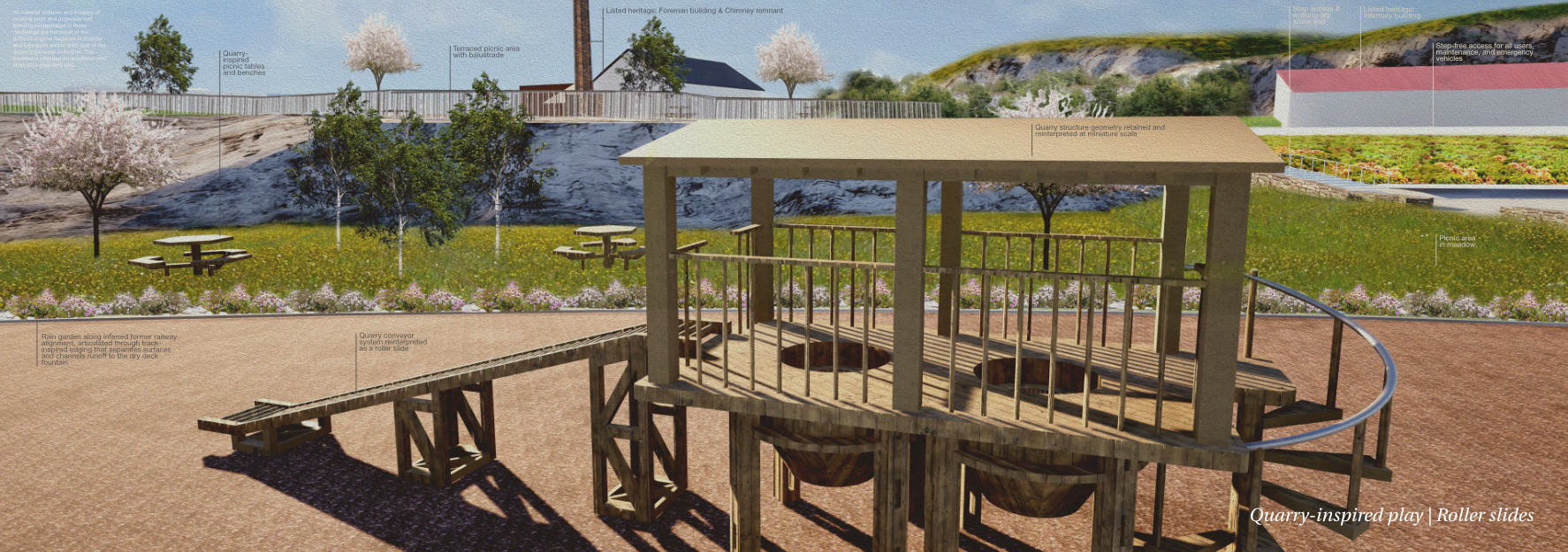 Perspective visualisation_quarry-inspired timber play roller slide
