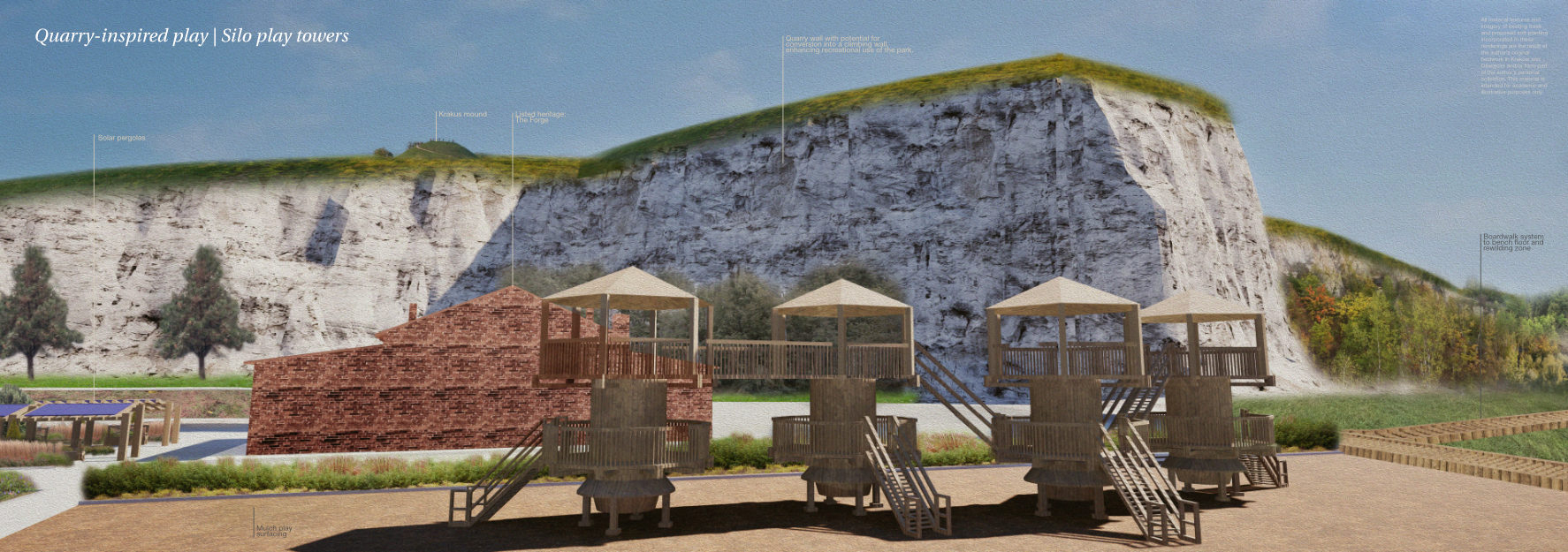Perspective visualisation_quarry-inspired timber play silo towers