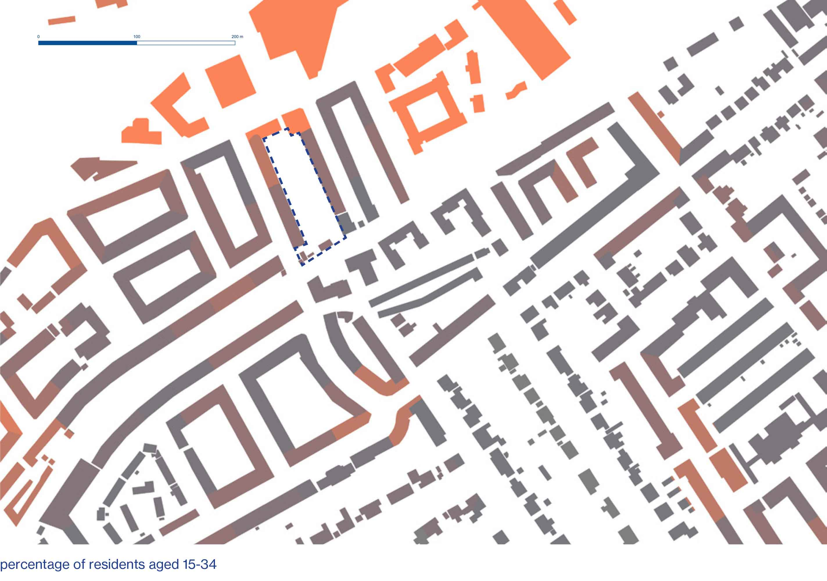 Nolli plan edited to show percentage of residents aged 15-34 with intensity of orange shade