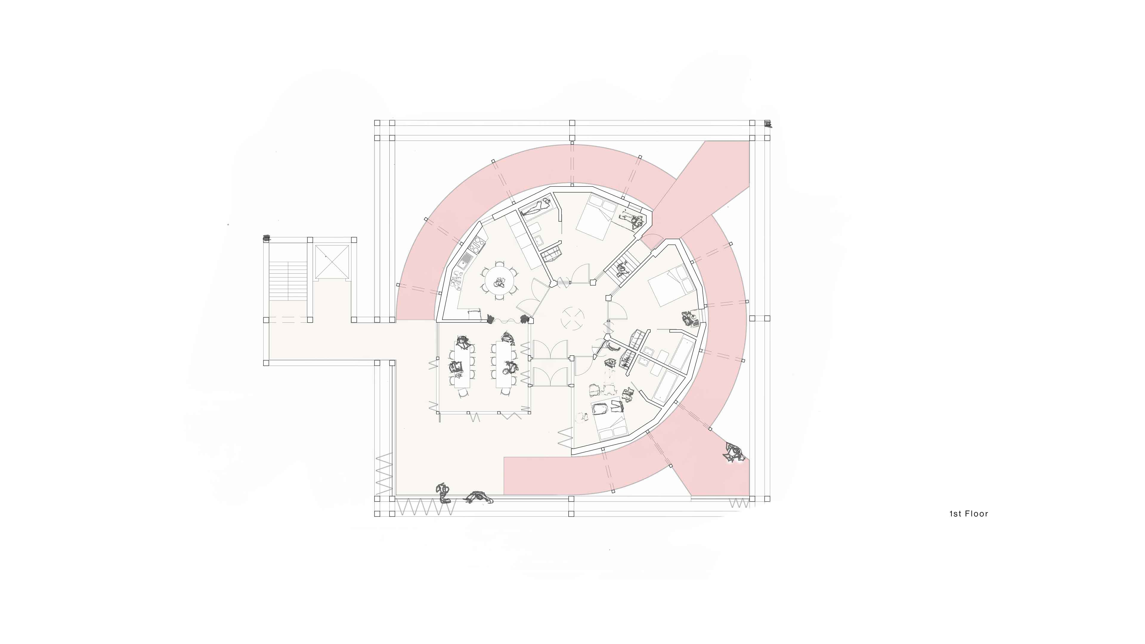 Floor plan of a co-living building with circular plan surrounded by a spiral ramp with an external circulation core of staircase and a lift shaft. Square dayroom is furnished with high tables. 