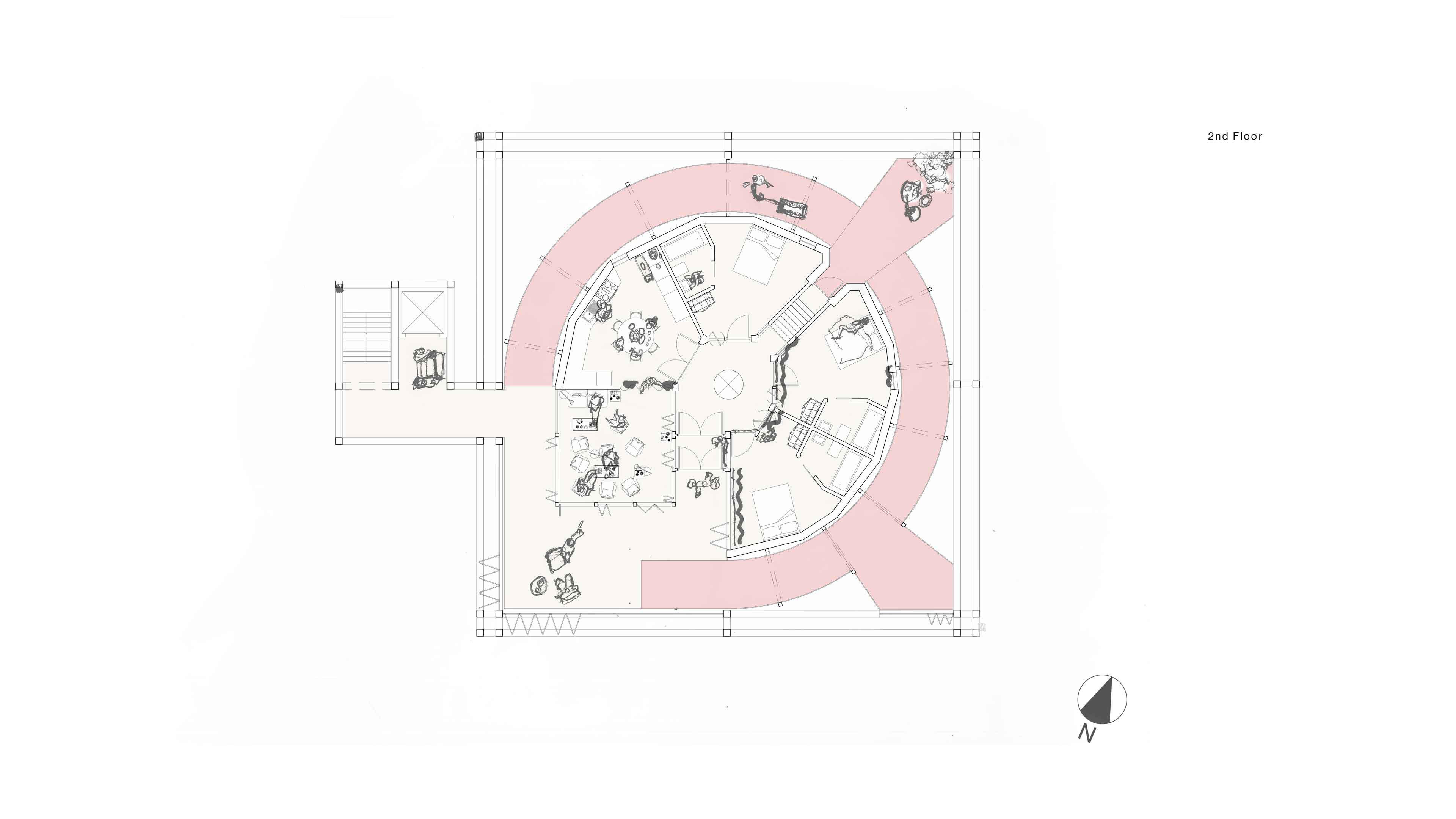 Floor plan of a co-living building with circular plan surrounded by a spiral ramp with an external circulation core of staircase and a lift shaft. Square dayroom is furnished with low seating, similar to an open plan living room.
