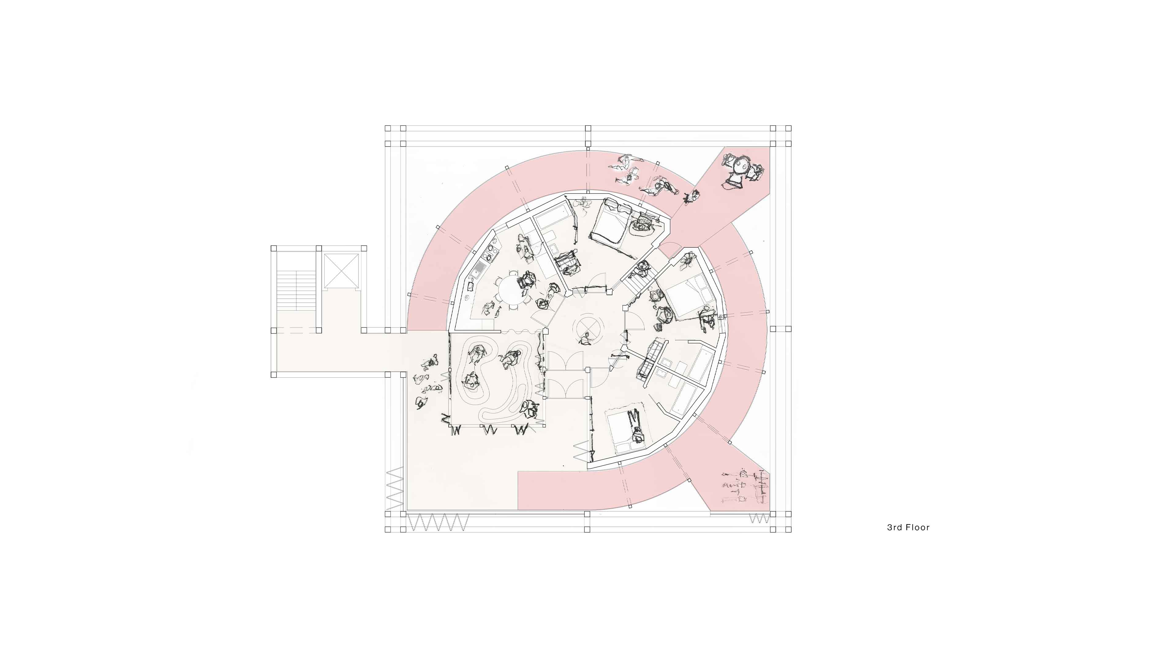 Floor plan of a co-living building with circular plan surrounded by a spiral ramp with an external circulation core of staircase and a lift shaft. Square dayroom is furnished with dune-like seating following organic shapes.