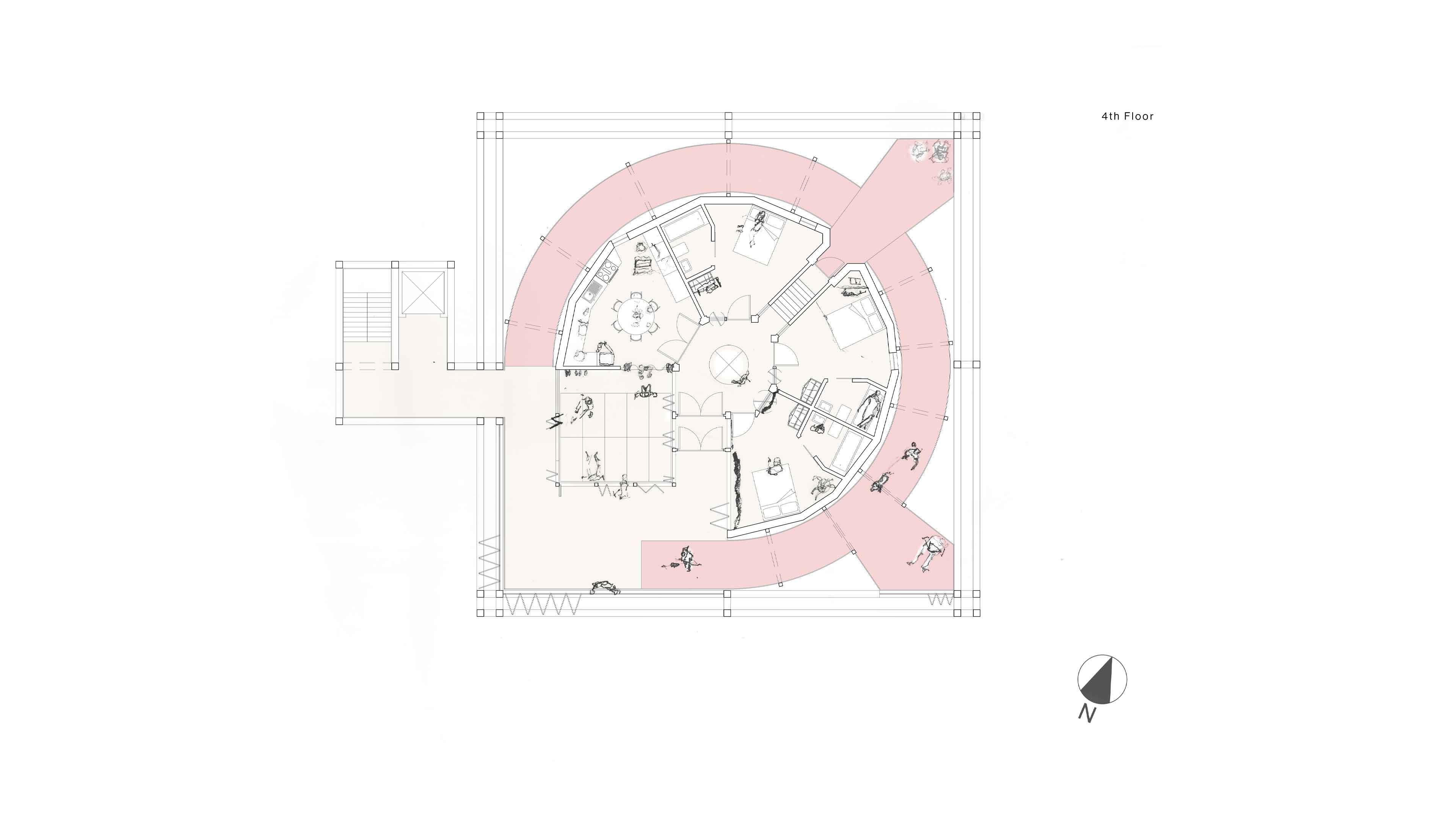 Floor plan of a co-living building with circular plan surrounded by a spiral ramp with an external circulation core of staircase and a lift shaft. Square dayroom is furnished with flat mats made of soft material.