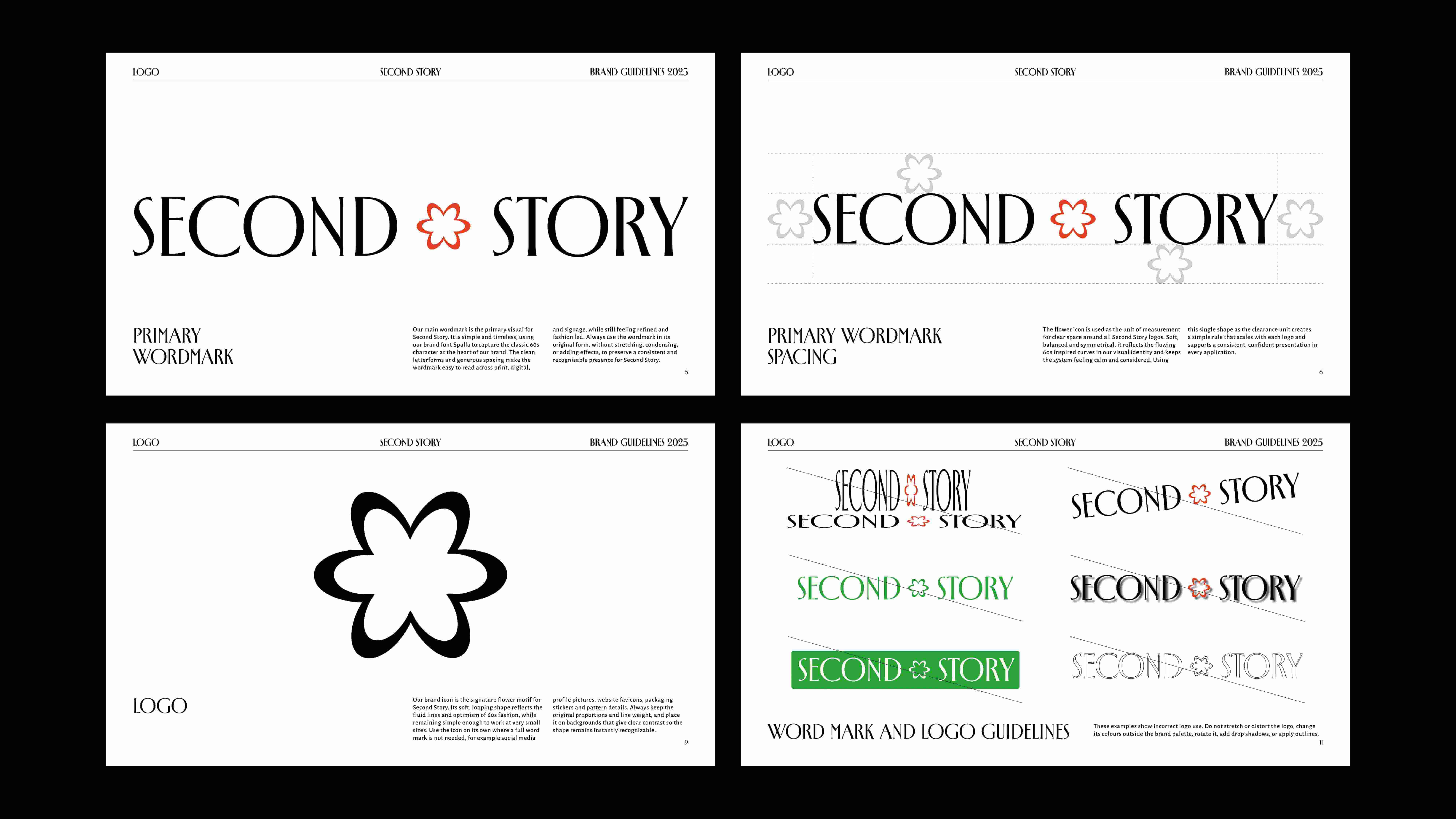     Four logo guideline spreads for ‘Second Story’ shown on a black background. The pages show the primary wordmark, spacing rules, flower icon and examples of incorrect logo use.