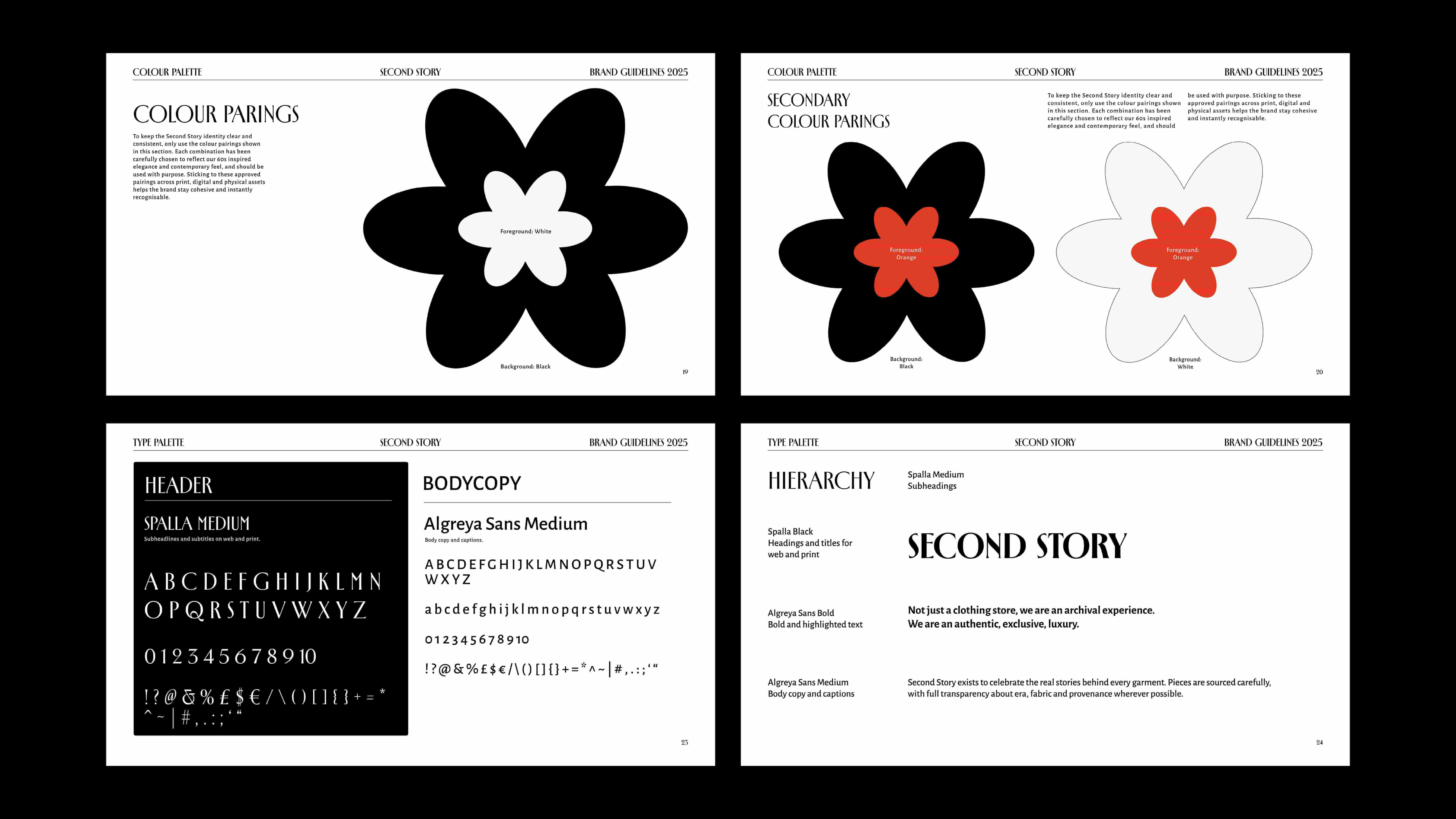     Four brand guideline spreads for ‘Second Story’ shown on a black background. The pages show colour pairings, secondary colour pairings, type palette and typography hierarchy.