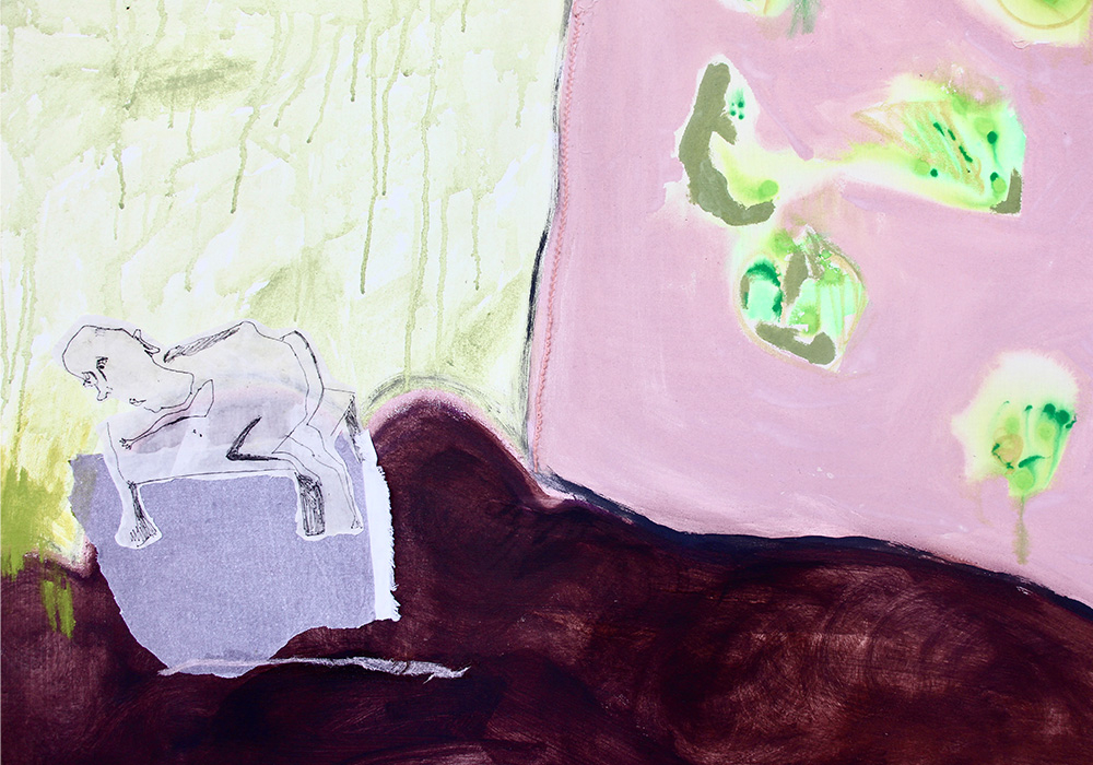 Pink and green painting with someone crouched over being sick