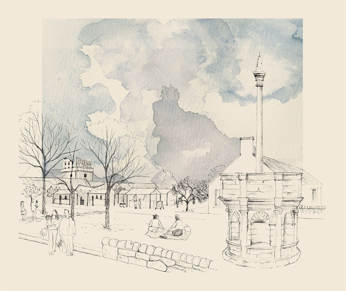 perspective showing seasonal market in new plaza