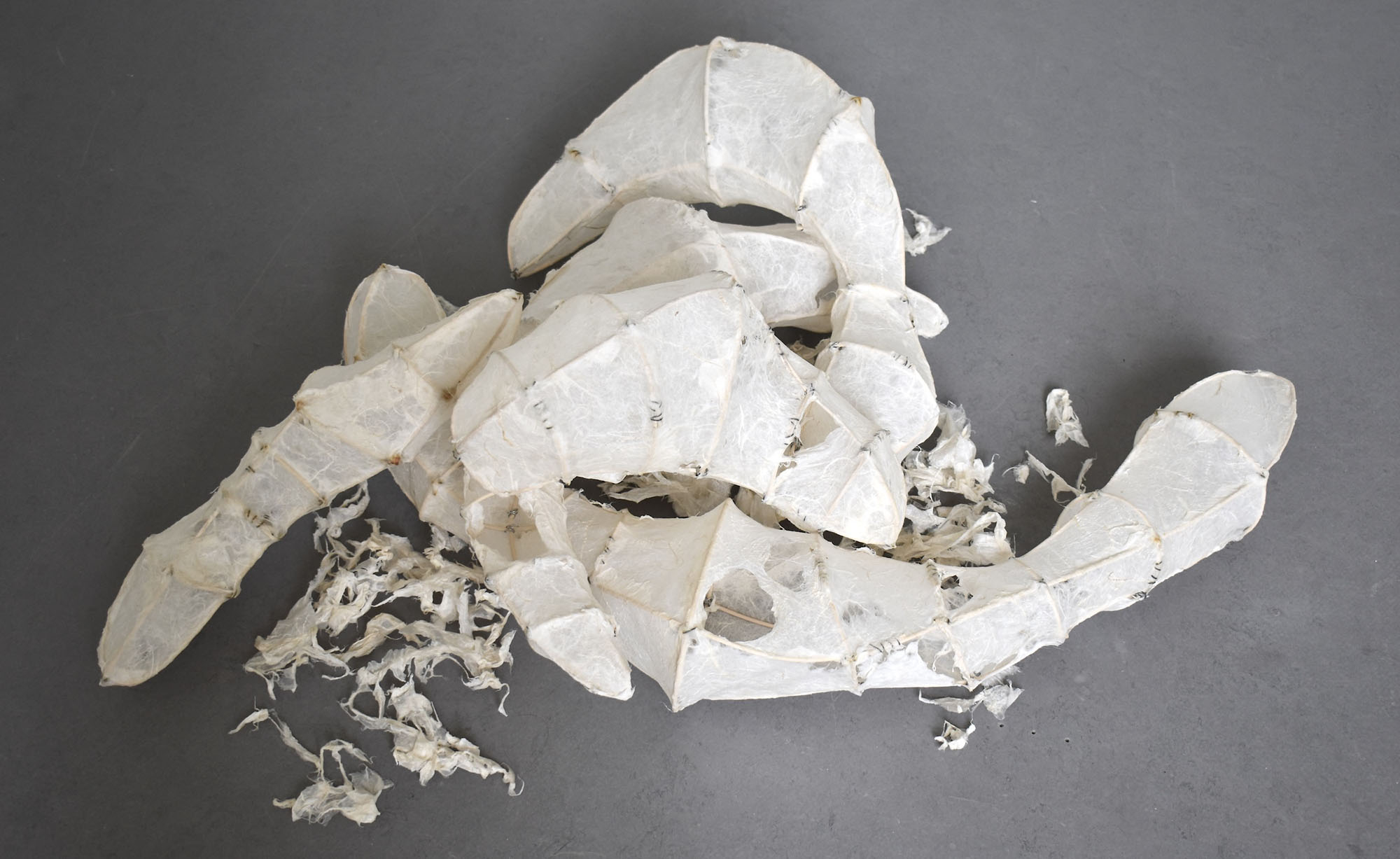 A pile of rice paper sculptures and rice paper shreds. 