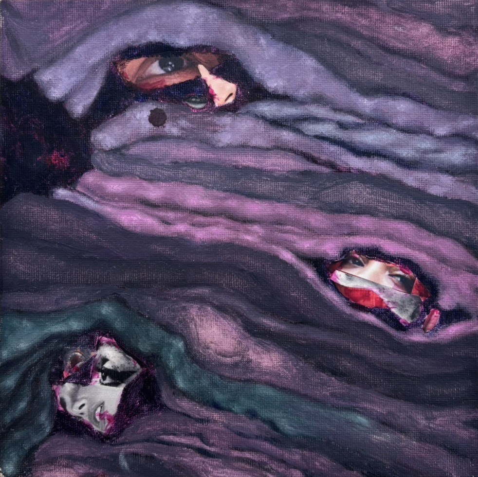 Oil painting of abstracted and colourful fabric furrows with collage faces hidden between.