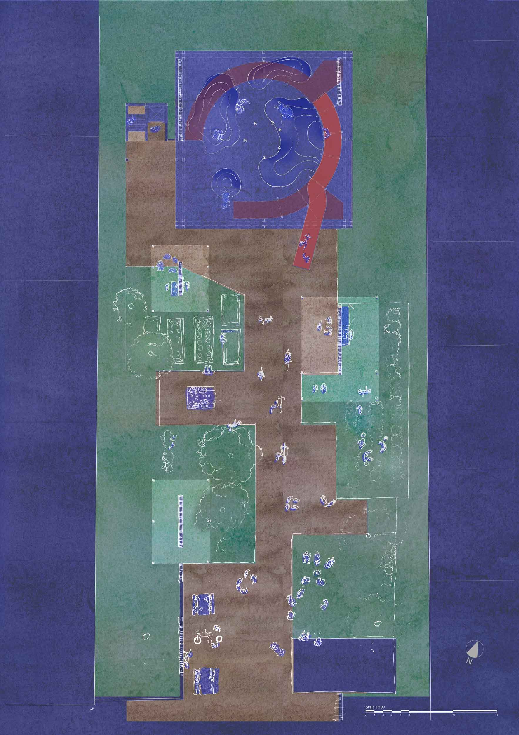 Plan drawing of the ground floor of the scheme consisting of a single 4 storey block with glulam cage external structure, internal spiral ramp to the northern edge and a large, irregular set of raised floor to the south. The plot extends all the way to the union canal. The textures are watercolour-painted and the image is kept in shades of ultramarine with white drawing lines. The footprint of the block is occupied by dune-like seating where people can lean or lay on undivided surfaces.