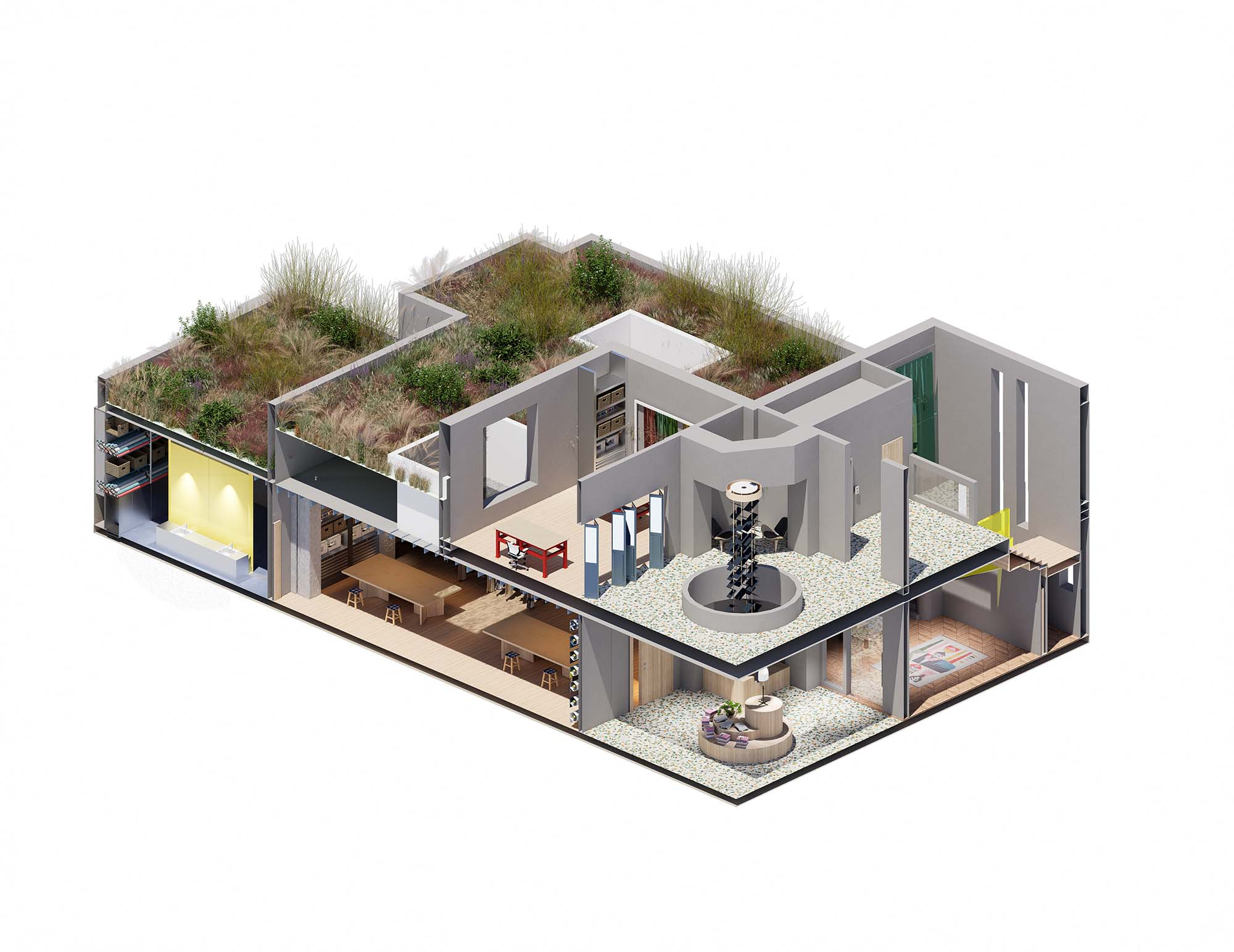 Isometric Render showing the interior space of the makers yard