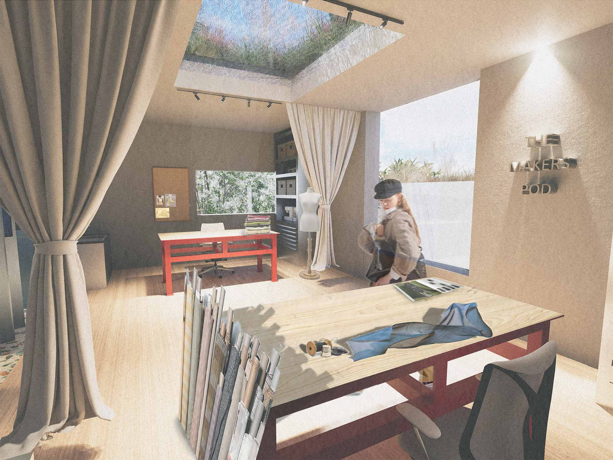 Render showing independent studio space within the makers yard 