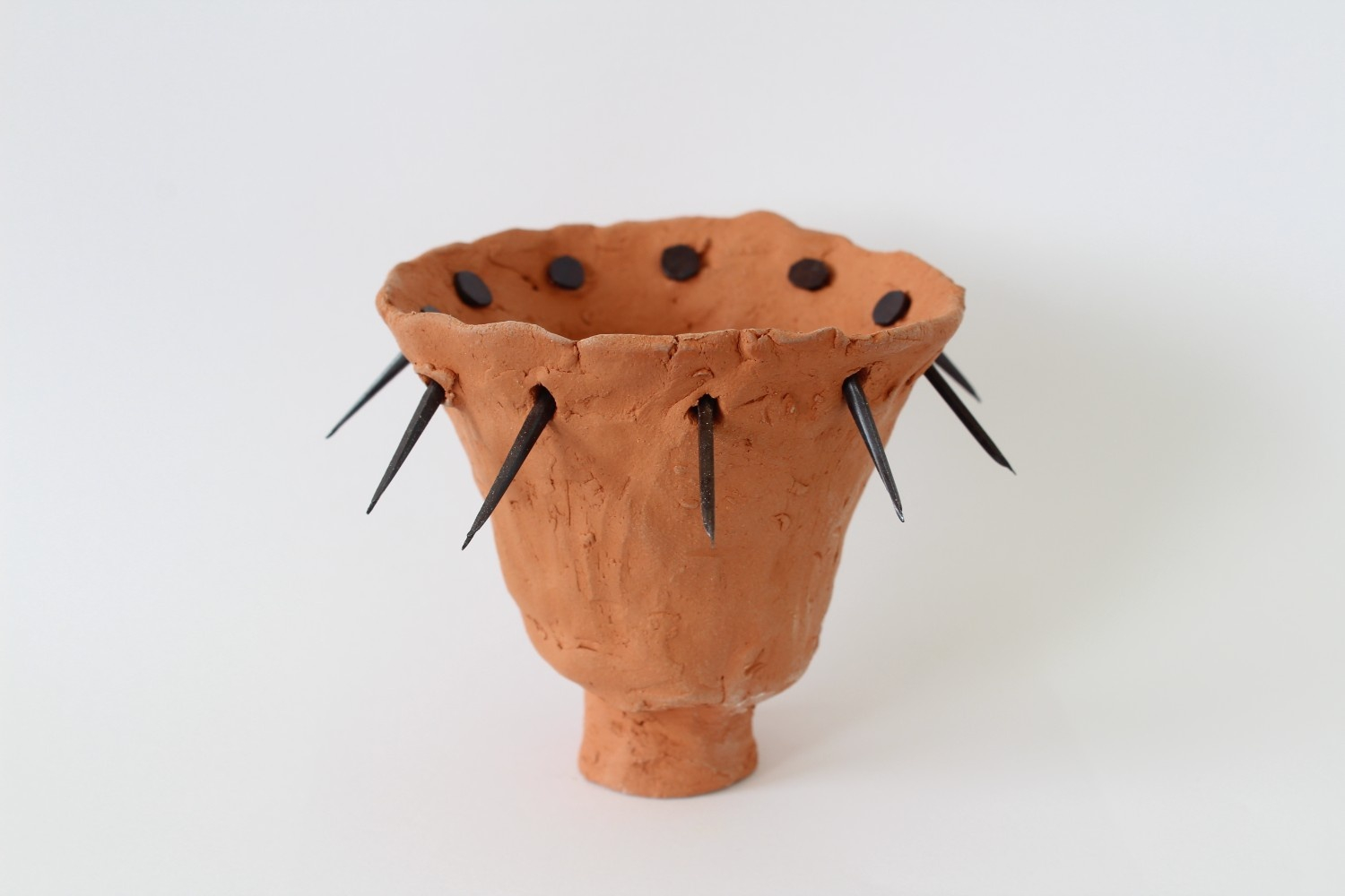 terracotta pot with black nails sticking out of it