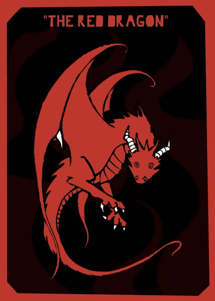 Playing card with a black background, depicting a flying red dragon.