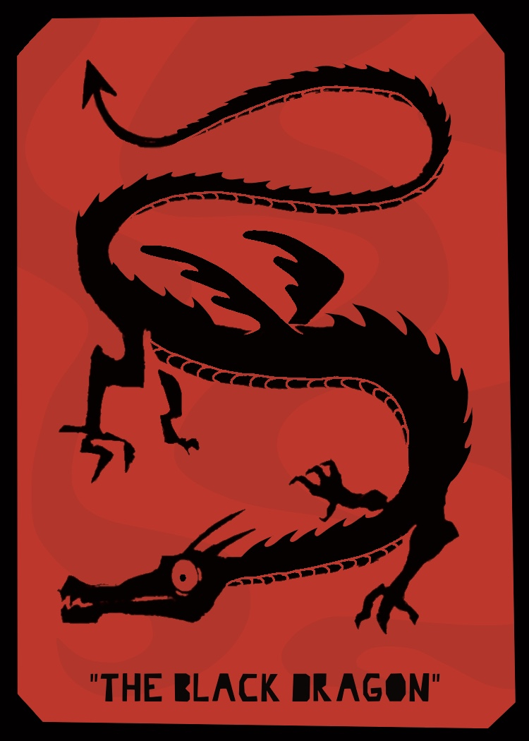Playing card with a red background, depicting a thin, black dragon.