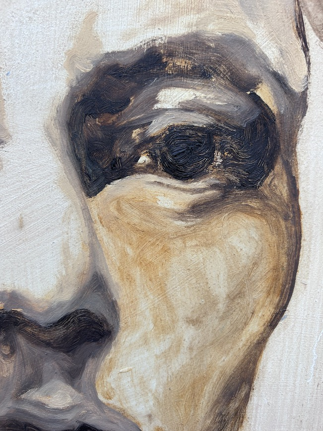 A closeup of Mikolaj. The brushstrokes are visible in his pupils