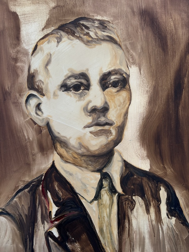 A portrait of a man with a yellow background.