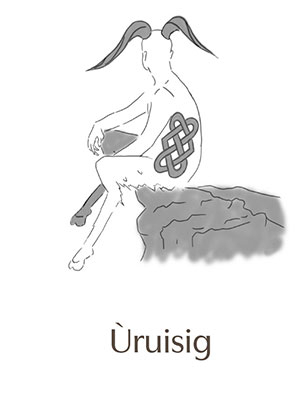 Uruisig, horned gaelic water spirit with celtic design