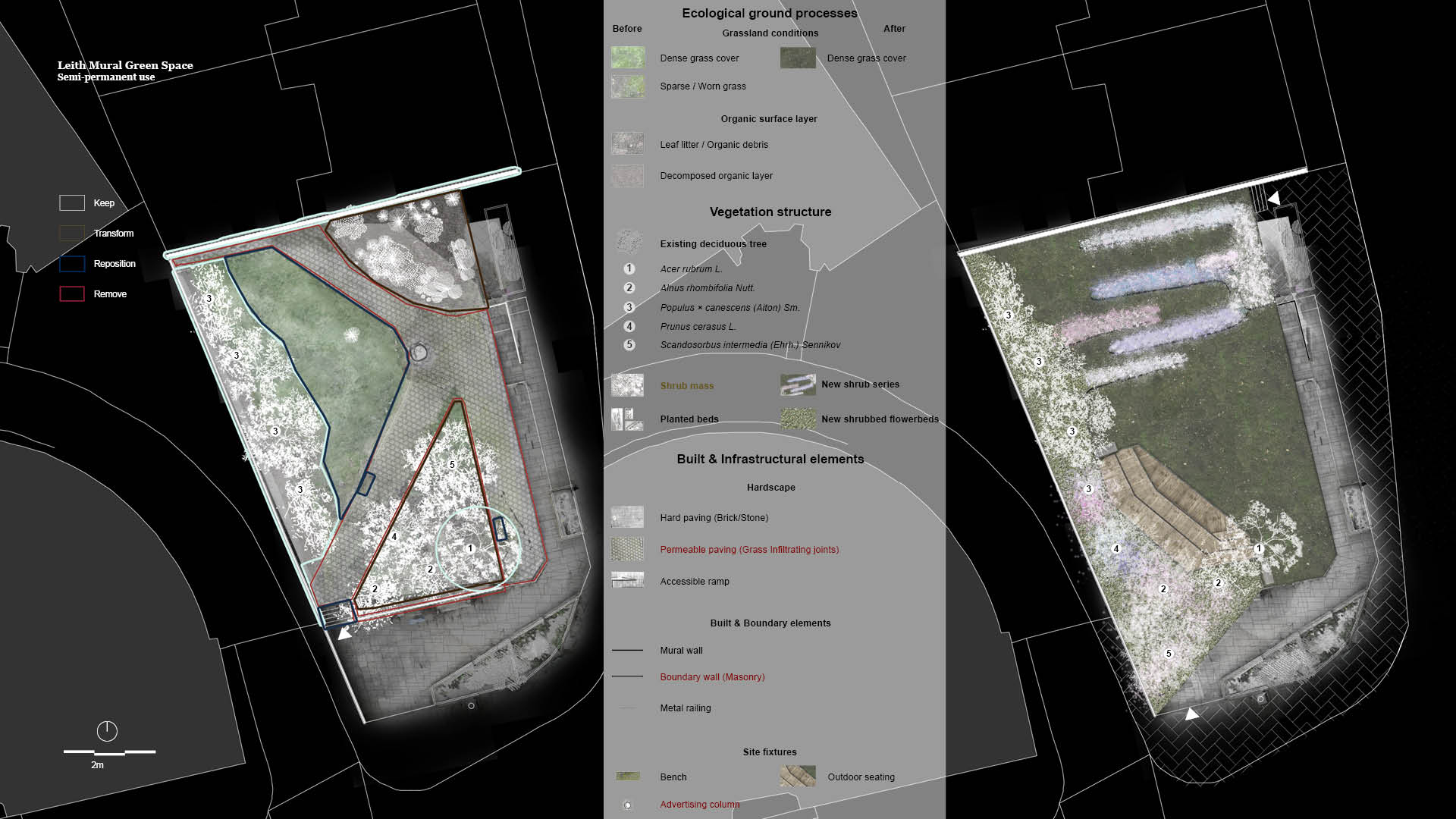 Site plan comparison of the Leith Mural Green Space showing the existing condition (left) with overgrown shrubs, deteriorated diamond-pattern paving, and an obsolete bulletin board, alongside the proposed design (right) in which shrubs are reshaped into parallel wave-form sections with pathways between them, the mural wall is retained as the primary cultural element, and permeable paving replaces the degraded surfaces.