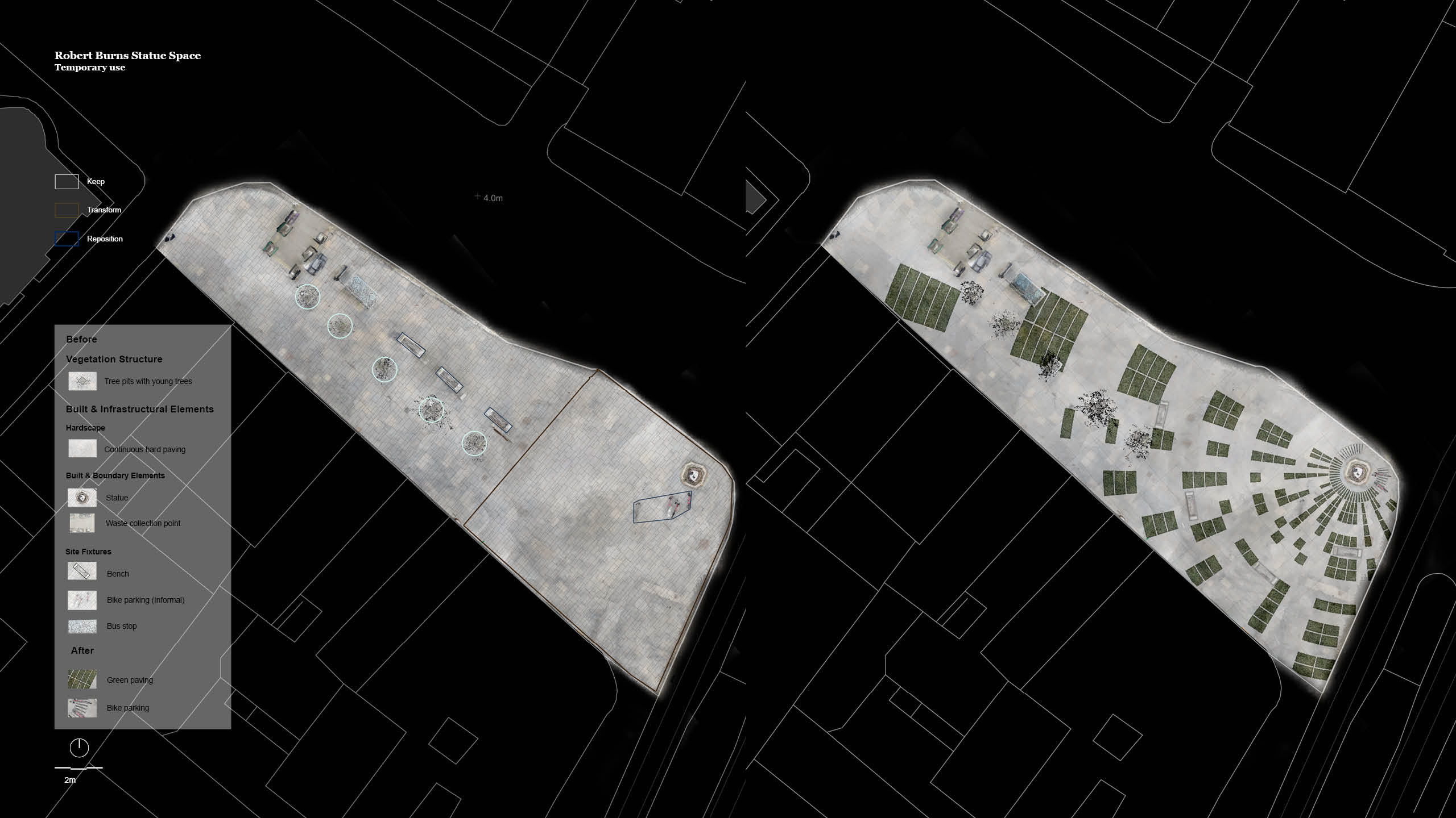 Site plan comparison of the Robert Burns Statue Space showing the existing condition (left) with continuous hard paving, informal bike parking, and underperforming benches, alongside the proposed design (right) introducing a centripetal greenery paving grid radiating from the statue, with benches repositioned to capture morning sunlight and formalised bicycle parking.