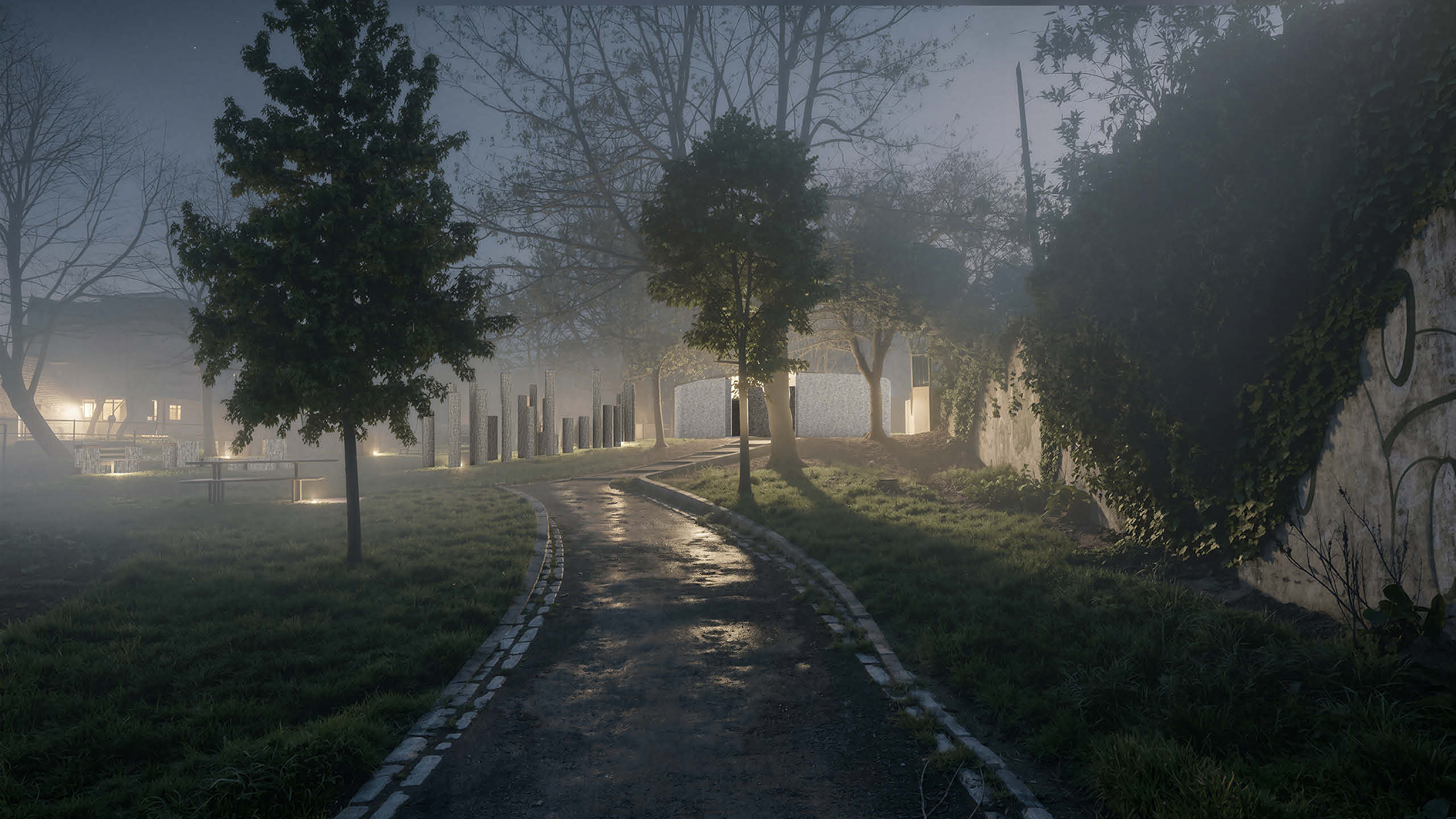 Perspective view approaching North Junction Street Park from the north-east entrance at night. A curving path leads between mature trees and a boundary wall, with timber posts visible in the distance, partially obscured by mist. Ground-level lighting casts a warm glow along the path edge.