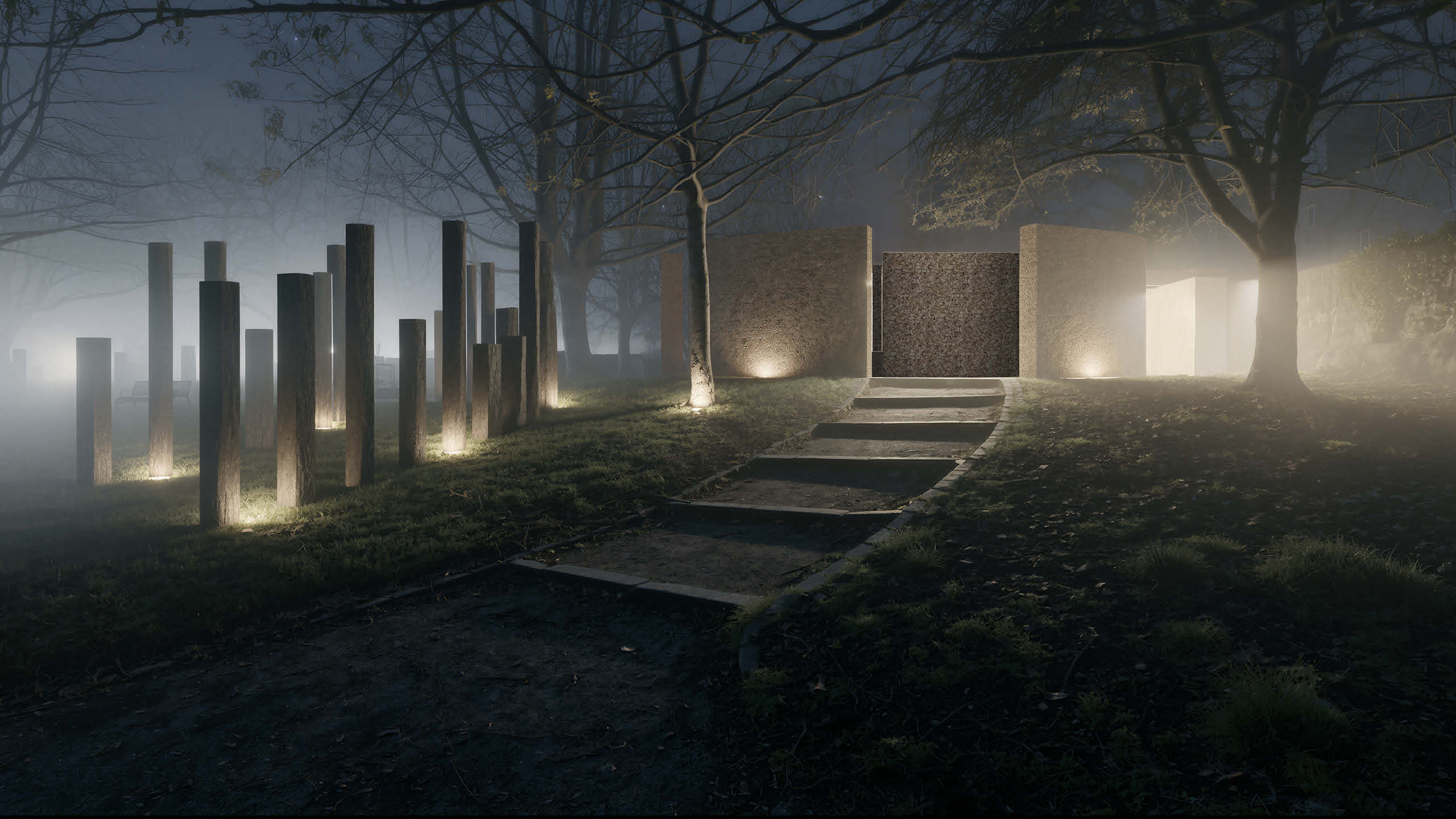  Perspective view approaching North Junction Street Park from the north-east entrance at night. A curving path leads between mature trees and a boundary wall, with timber posts visible in the distance, partially obscured by mist. Ground-level lighting casts a warm glow along the path edge.