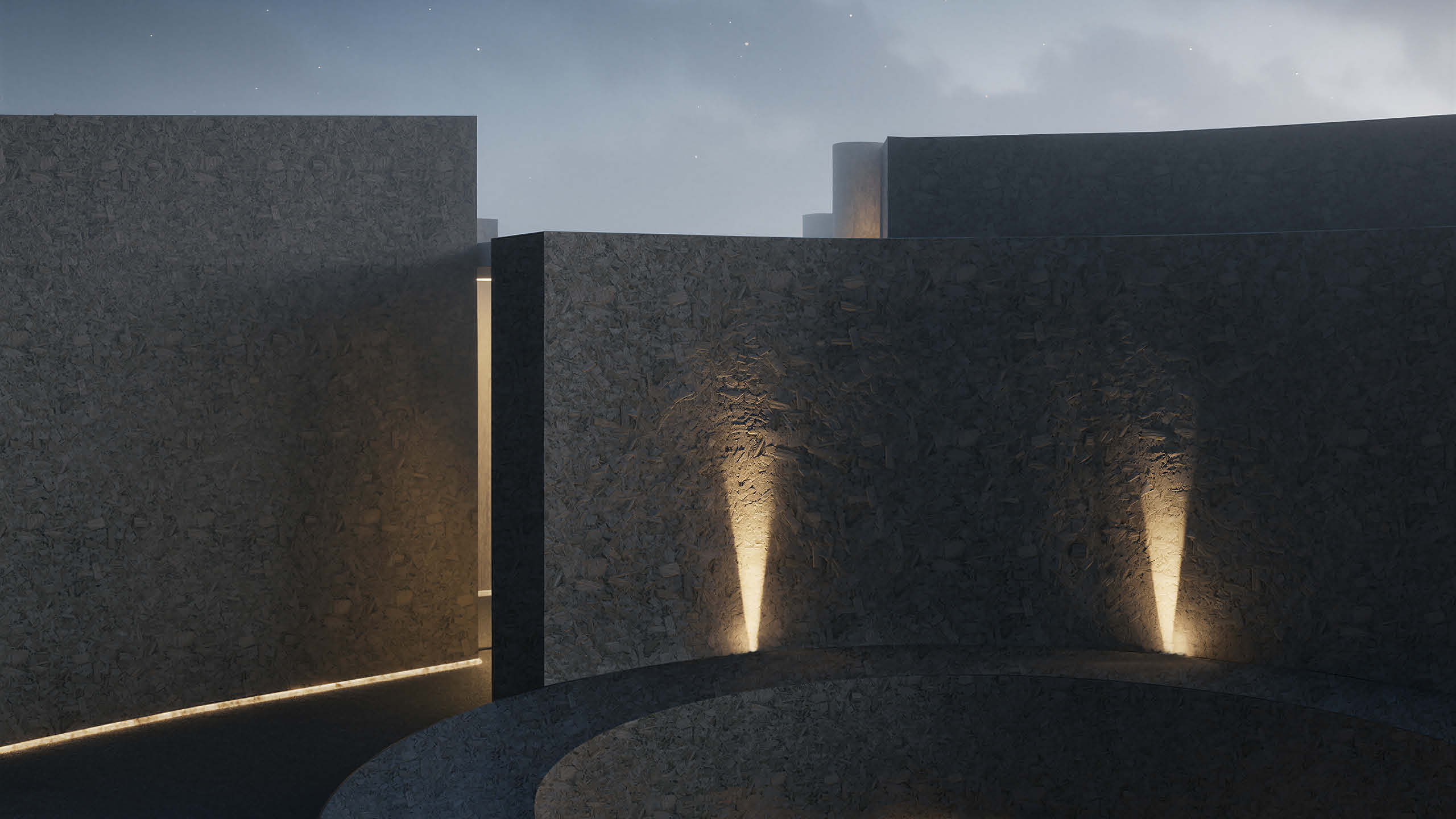  Night view of the backstage area showing curved walls constructed from compressed woodchip, lit by recessed ground-level fixtures. The enclosing walls create an intimate preparation space for performers, with a gap revealing the timber post system beyond.