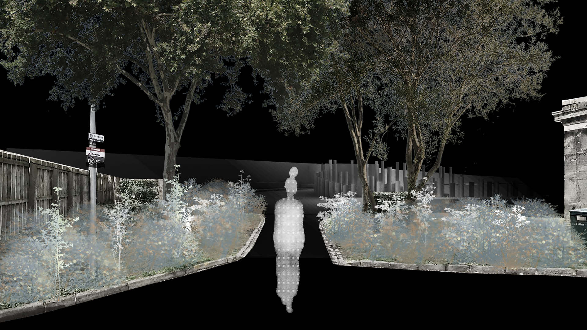 First view in the south entrance sequence. A pedestrian enters the park from the street, flanked by a low boundary wall and established trees. The path ahead is bordered by flowering understorey planting, with the interior of the park not yet visible.