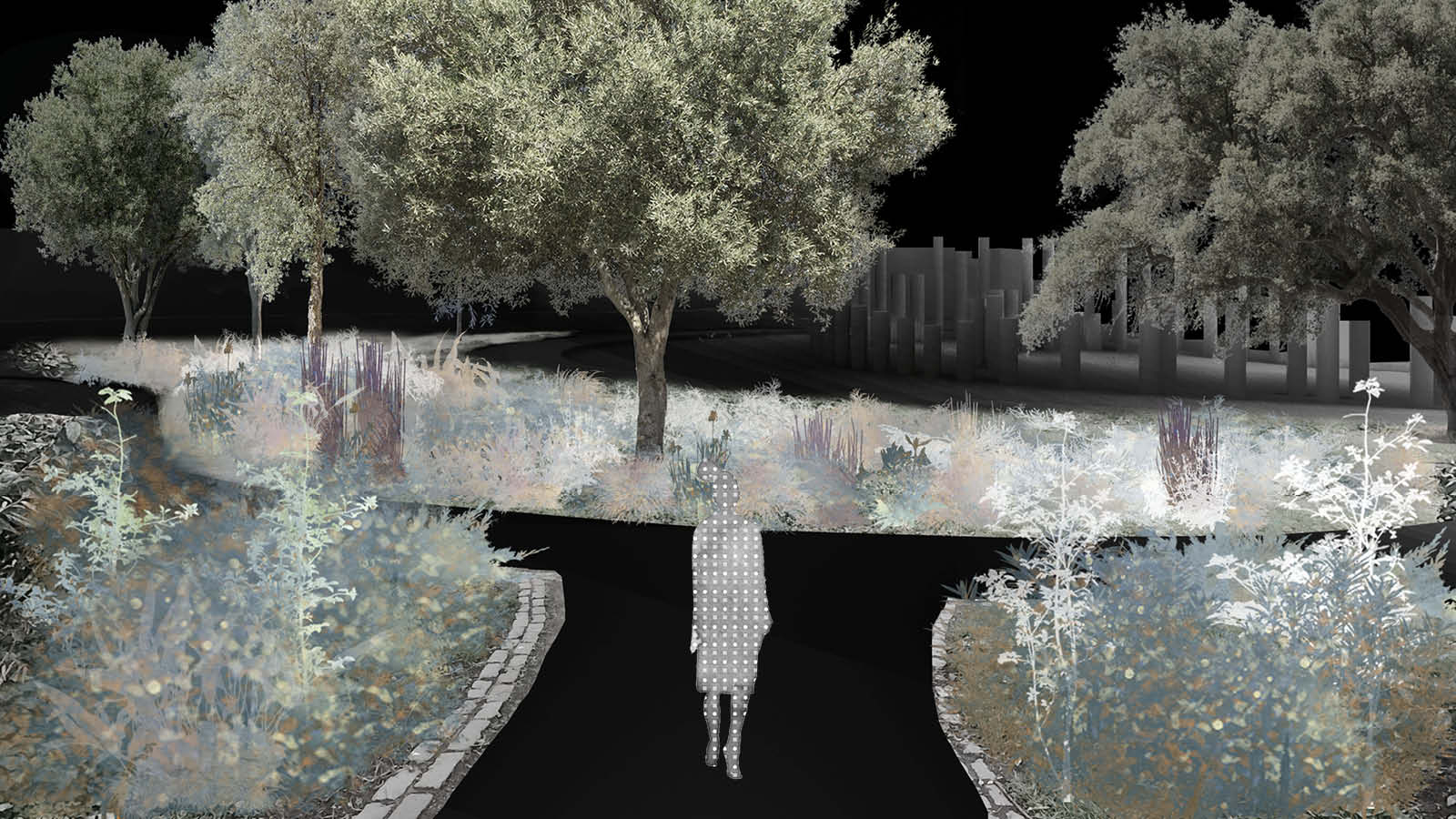Second view in the sequence. The path curves between dense herbaceous planting on both sides, with tree canopies overhead creating a sense of enclosure. The visitor is surrounded by vegetation, with the sightline deliberately blocked.