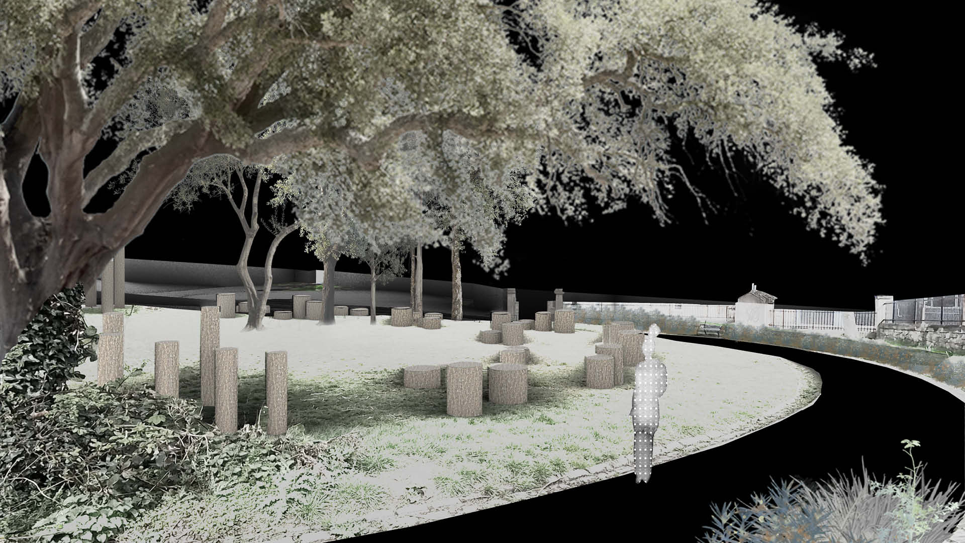 Fourth view in the sequence. The path emerges from the ecology zone and the timber post system comes into view for the first time, with posts of varying heights arranged in arcs across the open grassland. The spatial shift from compression to release is fully felt.