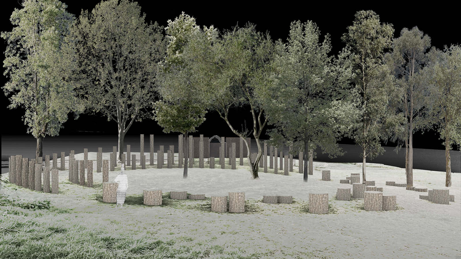 Final view in the sequence. The visitor has arrived at the edge of the performance zone, with the full timber post system now visible in its concentric arrangement. Low seating posts in the foreground invite lingering, while taller posts frame the central performance area beyond.