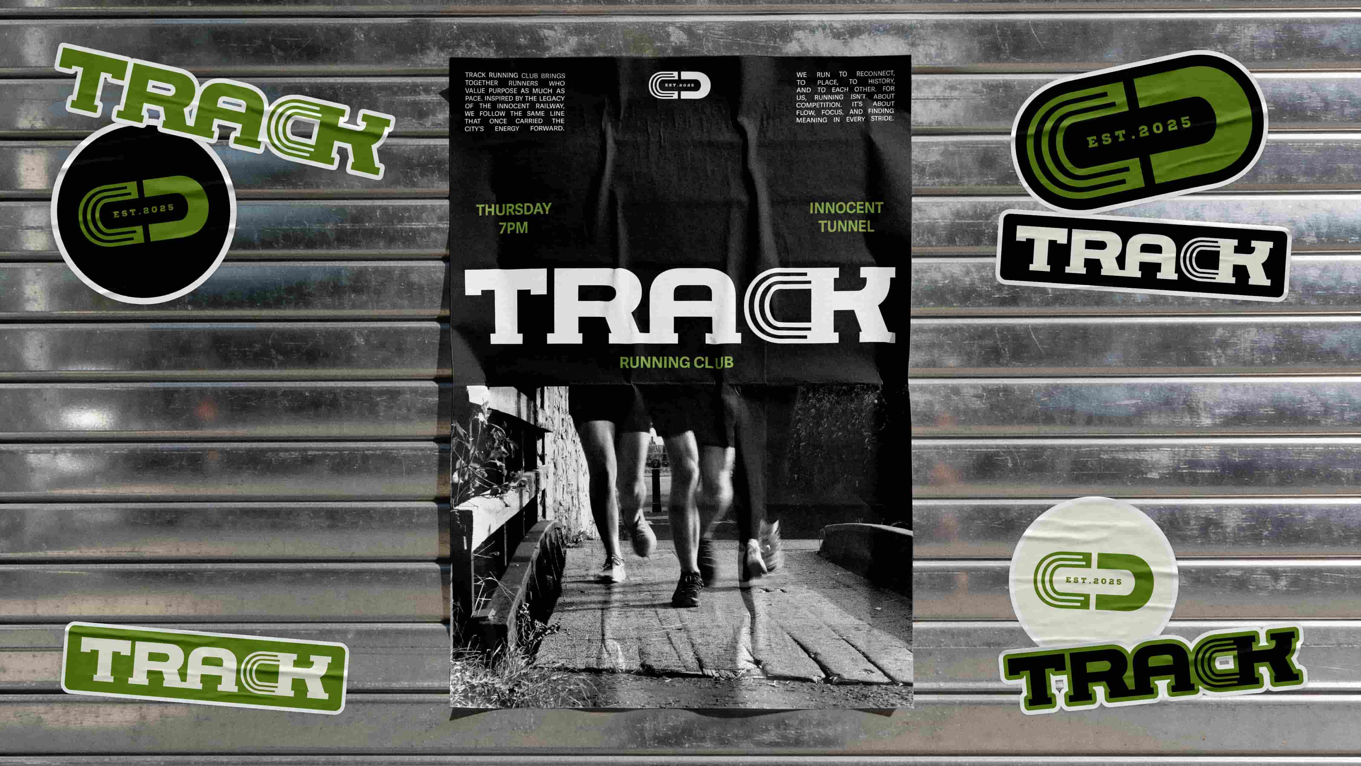 TRACK running club poster and sticker collection displayed against a metallic shutter background. The central poster features black and white photography of runners moving through a tunnel, overlaid with the TRACK logo and event details reading ‘Thursday 7PM’ and ‘Innocent Tunnel’. Surrounding the poster are multiple TRACK branded stickers in green, black, and white, including logo variations and circular ‘EST. 2025’ designs inspired by railway and track forms.
