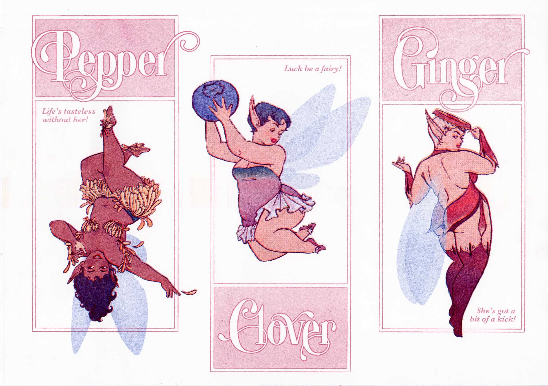 A risograph print of three fairies named Pepper, Clover, and Ginger.