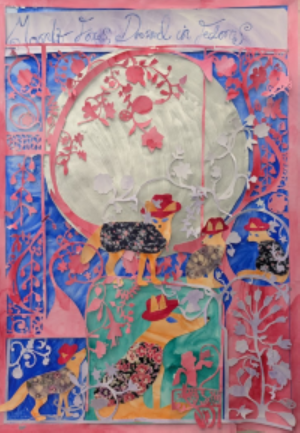 Image of Foxes dressed in fuchsia fedoras and floral coats, standing beneath a glimmering moon and ornamented with pink lace paper over-cuts.