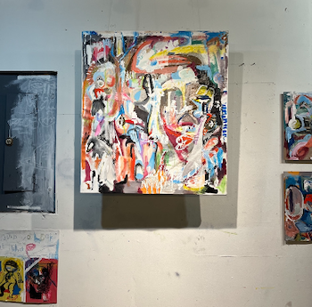 200625. 2025. acrylic, oil, household paint, oil pastel, graphite, plastic sheet, staples on canvas. SUNY Purchase, New York.