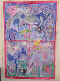 Winged greyhounds lying on the moon, intertwined with growing flowers and cups of tea.