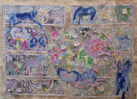 Greyhounds, Shelties, horses, decorating the space in a grid like pattern, decorated with painted flowers and moon symbolism. 