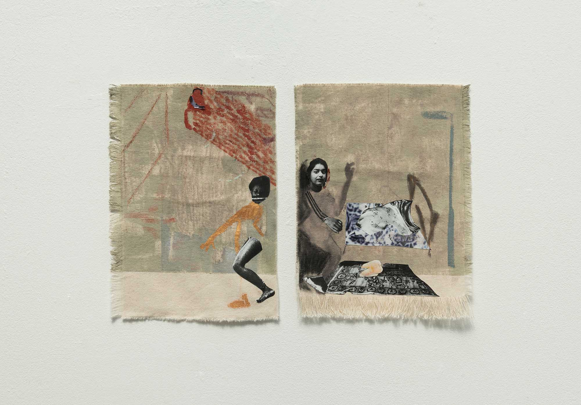Two women on separate small pieces of canvas are mirrored with their backs toward one another. The first is in on the pavement in the street and the second is in her bedroom, they are both in motion.