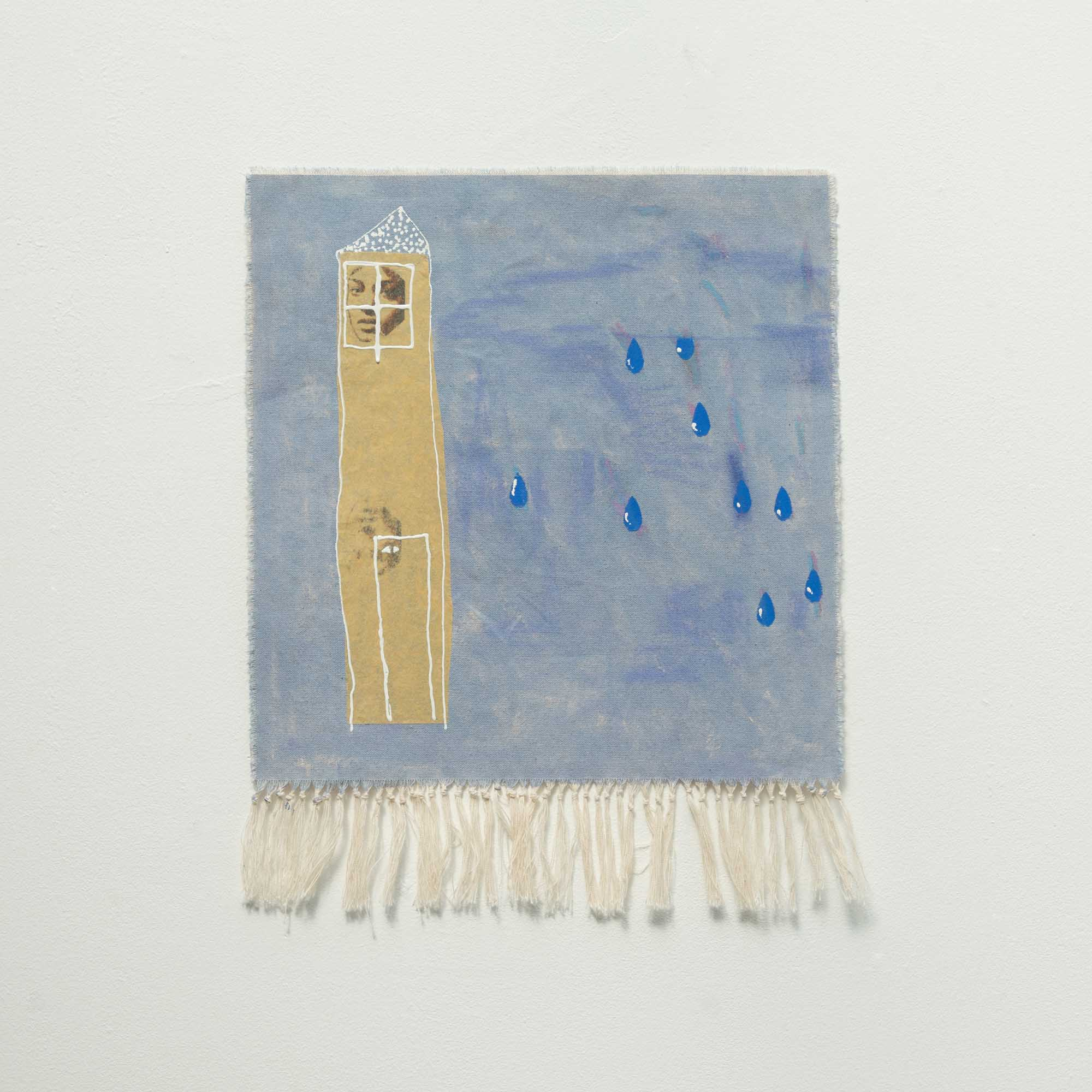 Woman in a yellow tower looks out the window at the top of it. It is raining outside.