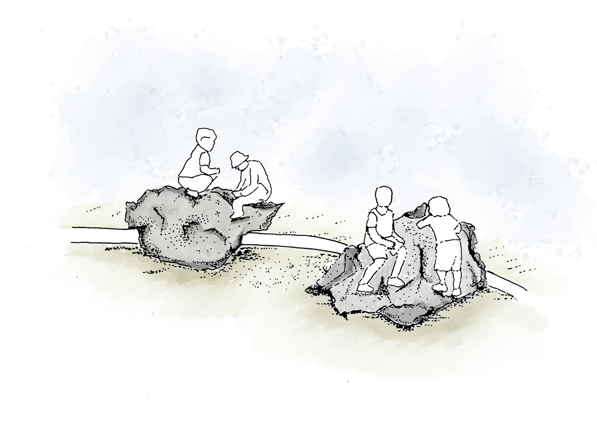 Risky play zone - view of children playing on boulders