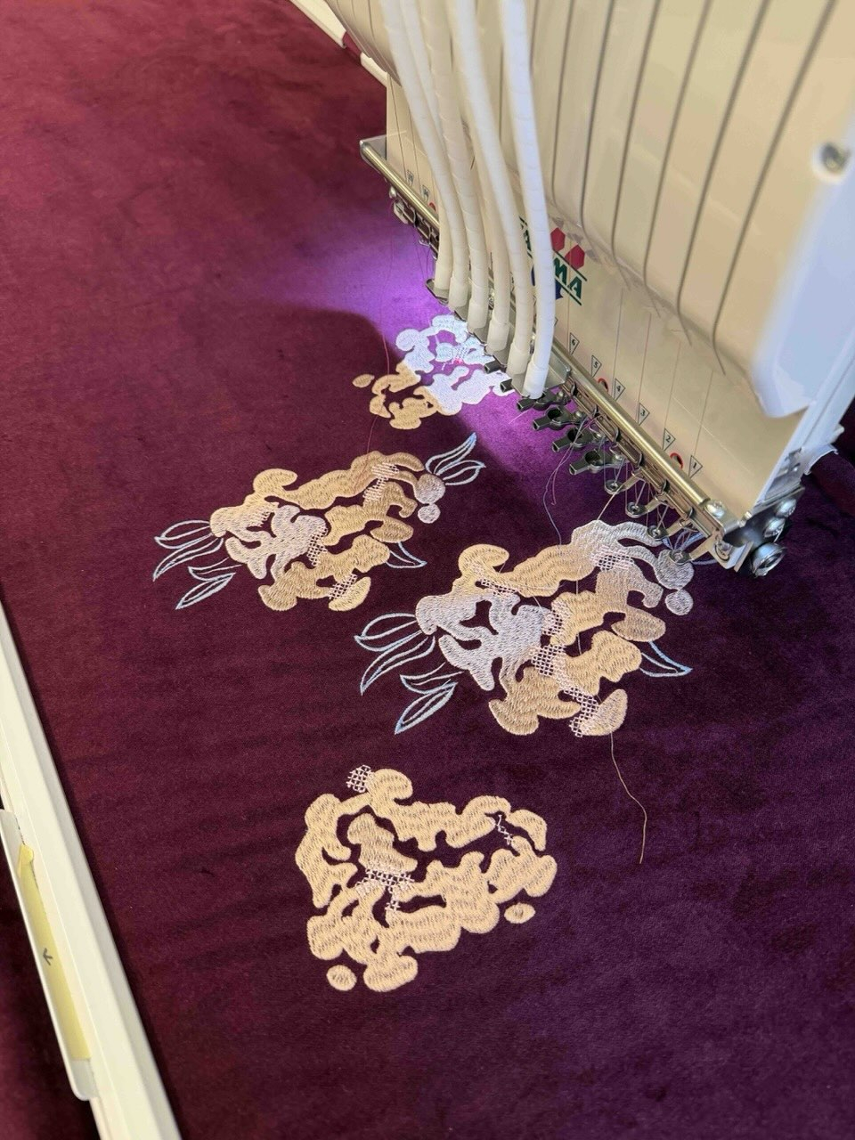 Cad Embroidery process- burgundy cotton velvet