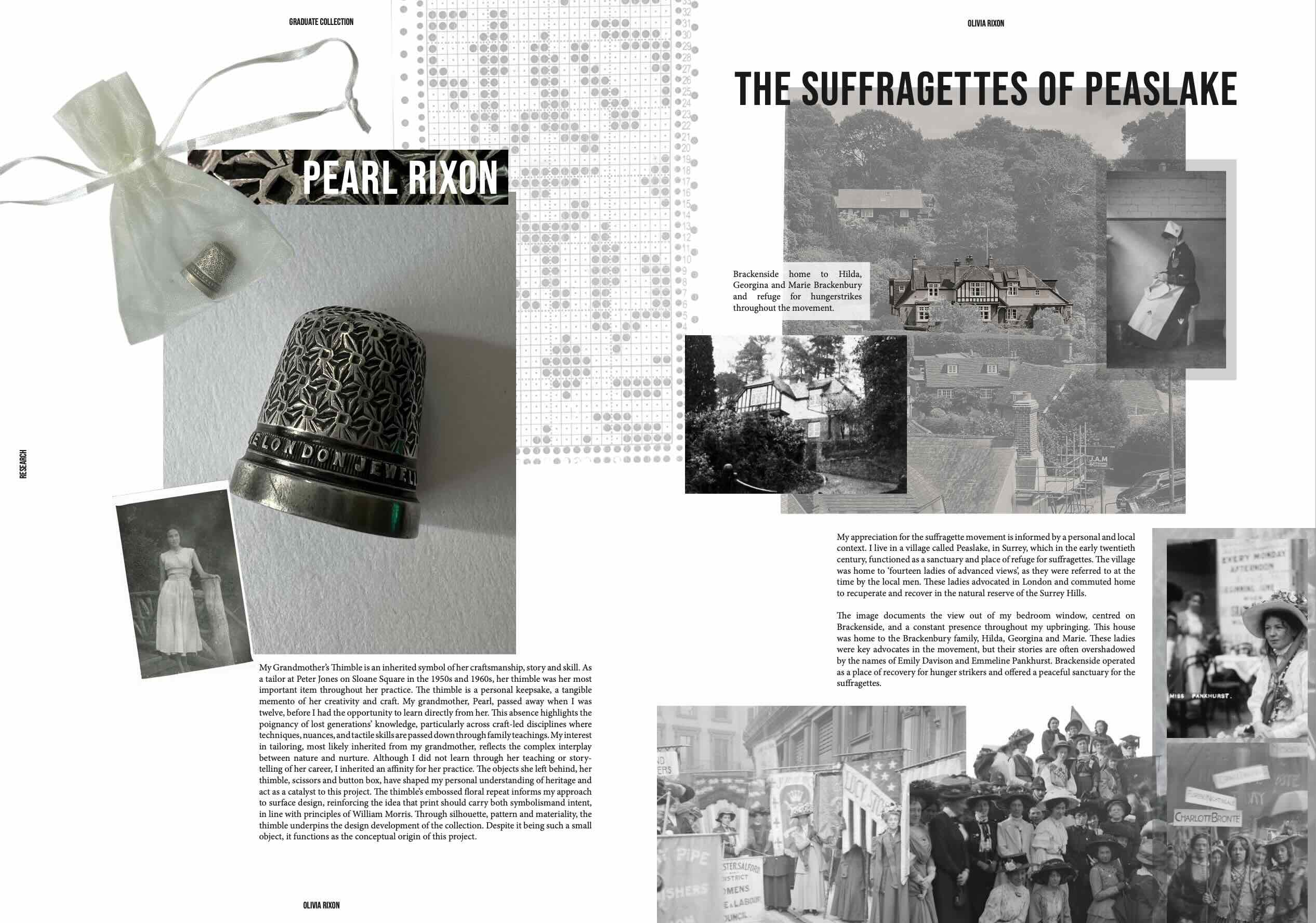 Research pages exploring my grandmother's career and her thimble I have inherited. Alongside research into the suffragettes who lived in my village.