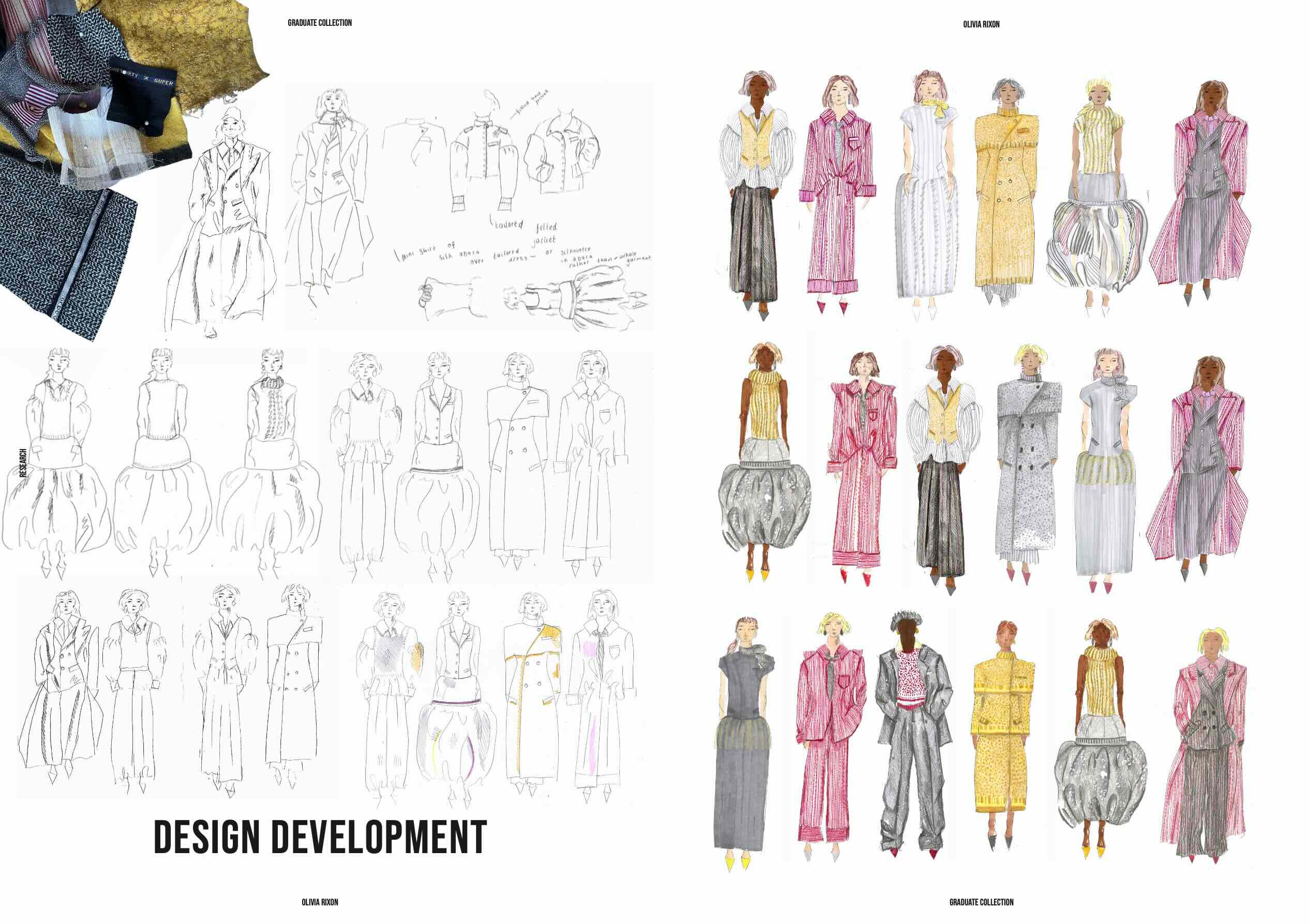 Sketched design development, exploring colour and fabric balance across the collection