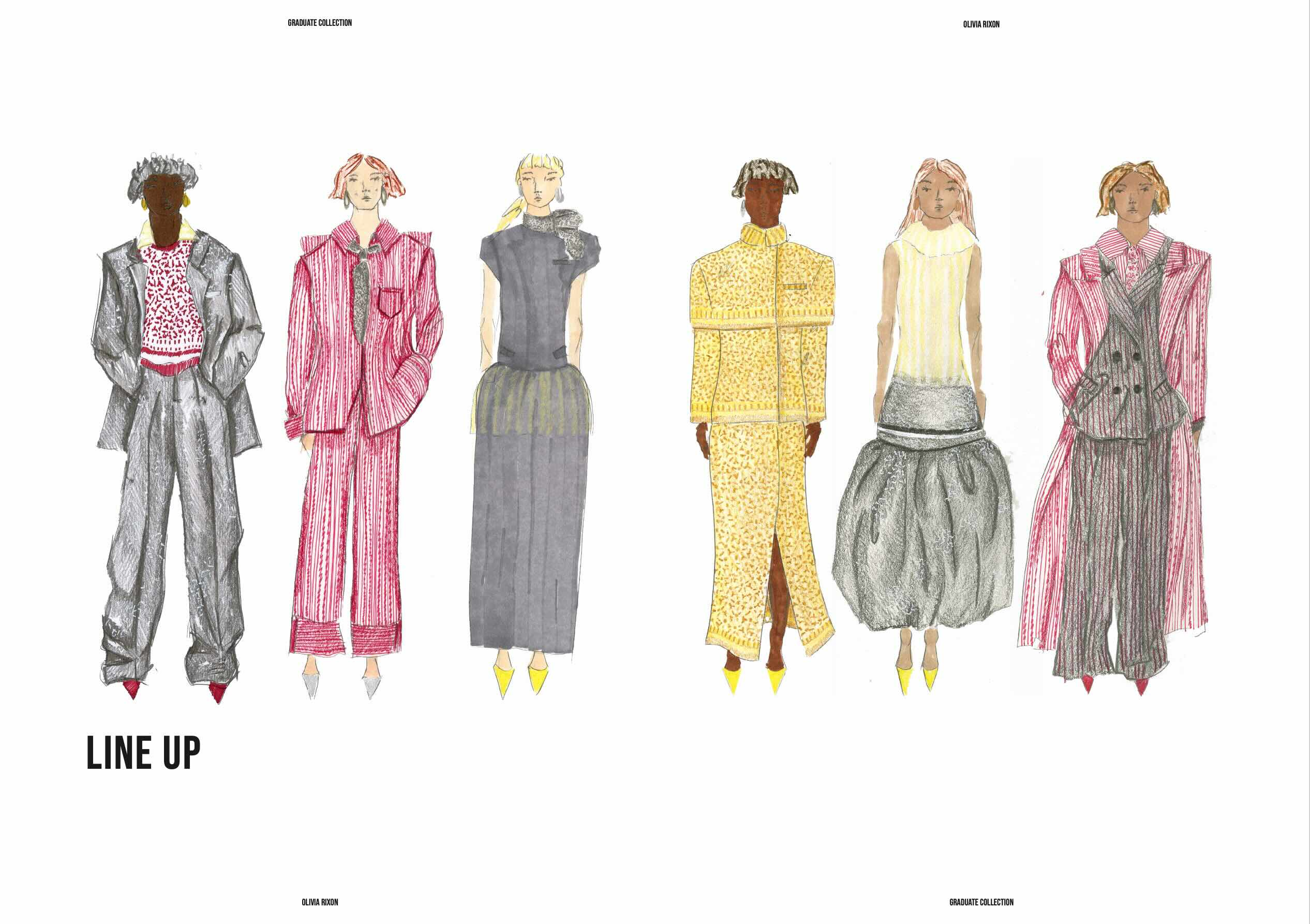 Six figure drawn line up of collection