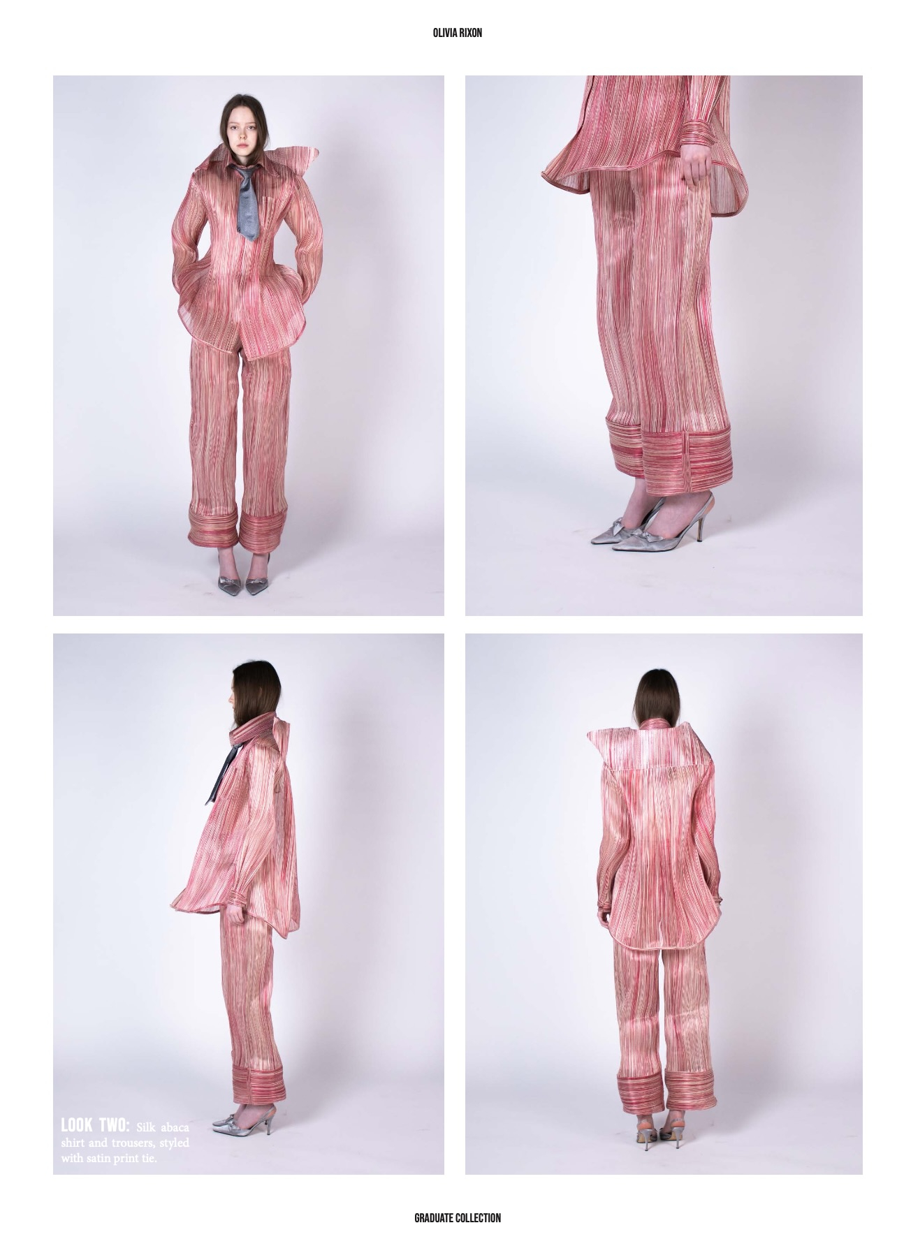 Model wearing pink striped silk abaca oversized shirt and trousers