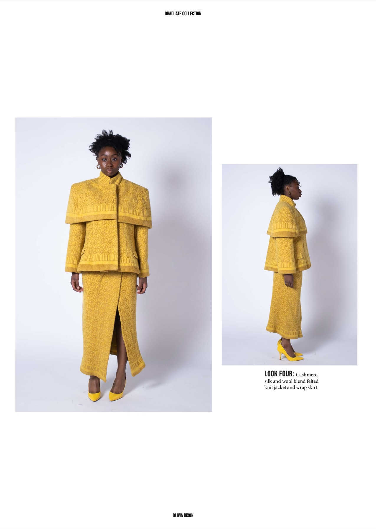 Model wearing mustard knitted jacket with cape detail and matching mustard knitted wrap skirt