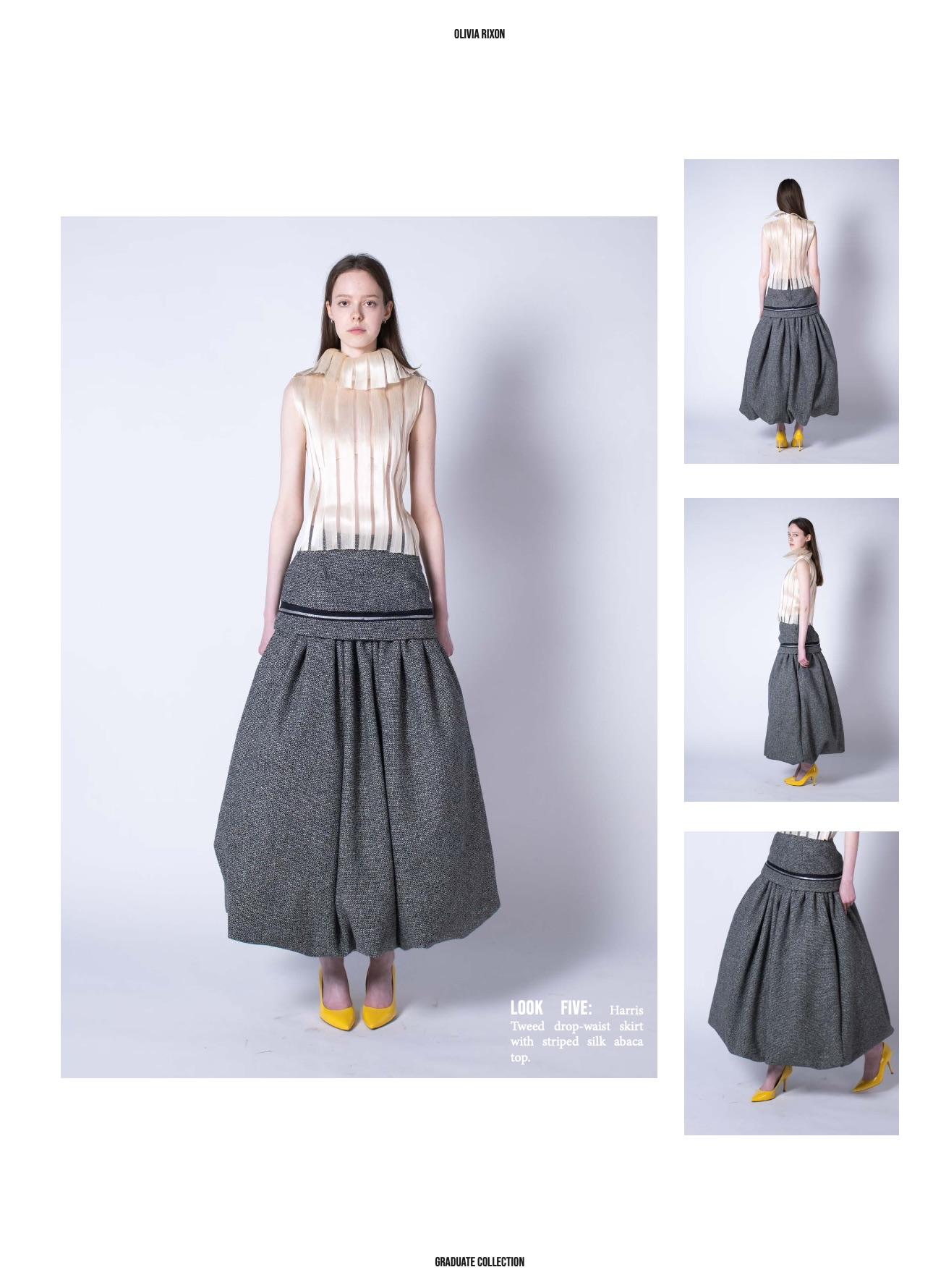 Model wearing Harris Tweed skirt with sleevless silk abaca blouse with collar detail