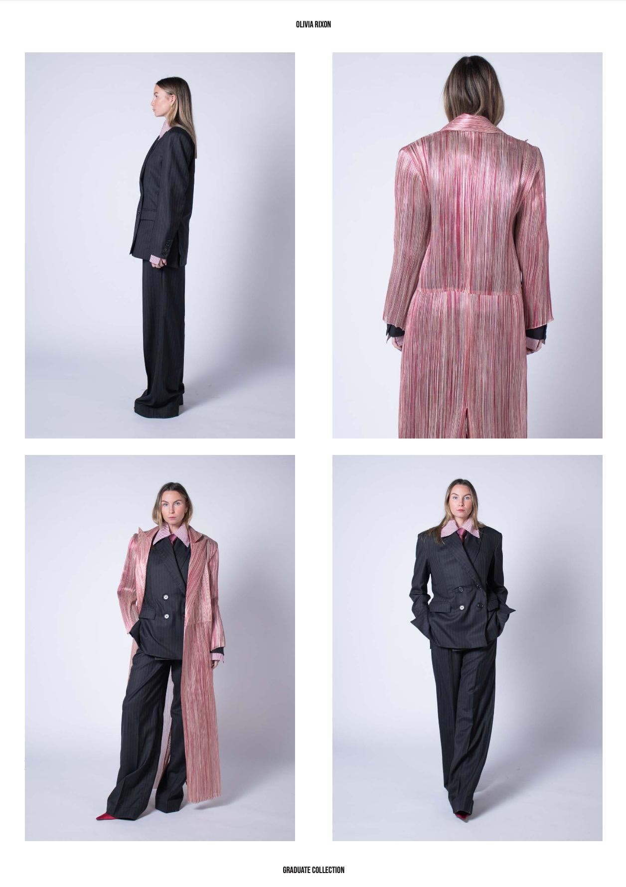 Model wears pinstripe suit with striped shirt, tie and silk abaca overcoat