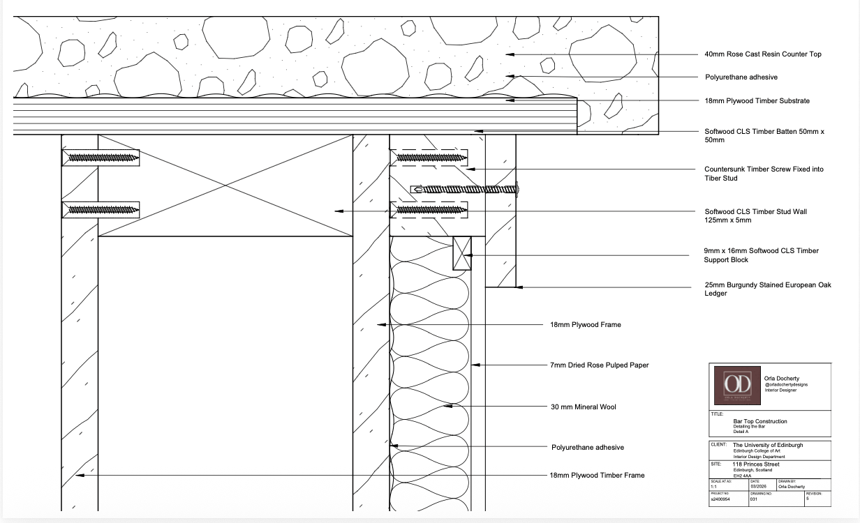 This detail explores the construction strategy behind the bespoke bar element, combining structural durability with acoustic performance and material expression. The layered assembly integrates resin surfaces, timber framing, mineral wool insulation, and pulped paper acoustic finishes to reduce reverberation while reinforcing the project’s tactile and theatrical material identity.