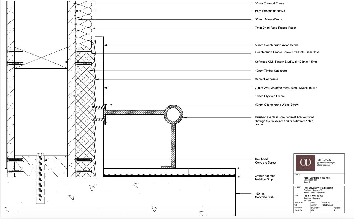 This junction detail explores how functional bar components are integrated within the wider material and acoustic strategy of the scheme. Durable finishes, structural fixings, and layered acoustic materials are carefully coordinated to support both long-term hospitality use and the project’s performance-focused identity.